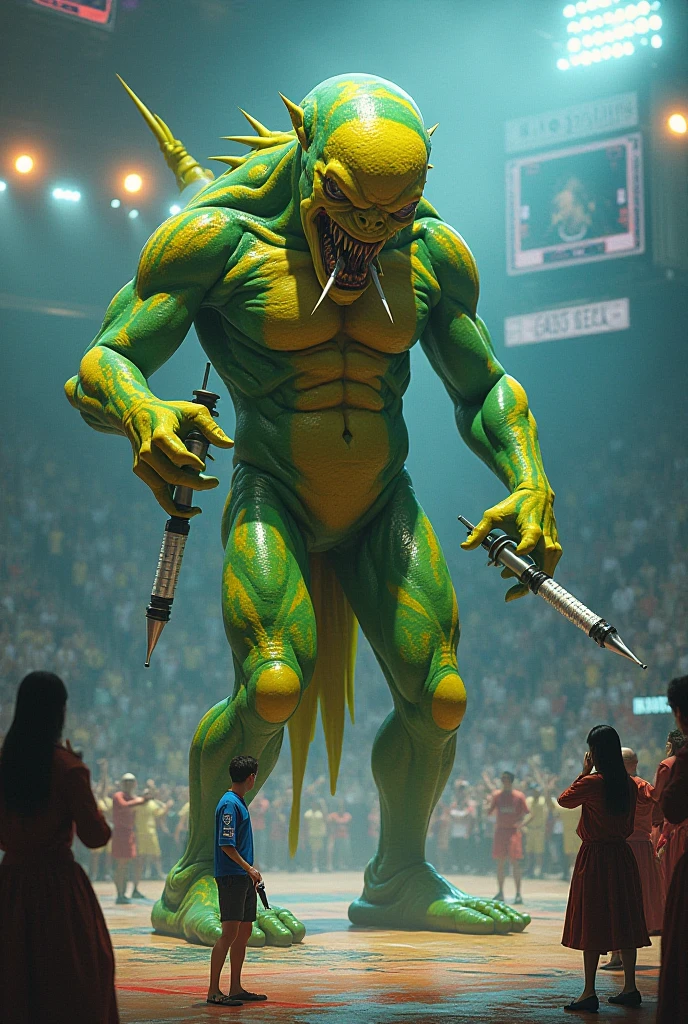 Tall Cartoon newt with green scaled body, dressed like WWE wrestler Kevin Nash, hairy chest, long black curly mullet hair, black and red bib pants, black flange on the side of the legs, one black elbow pads on his left arm, white wrist tape, and black wrestling boots