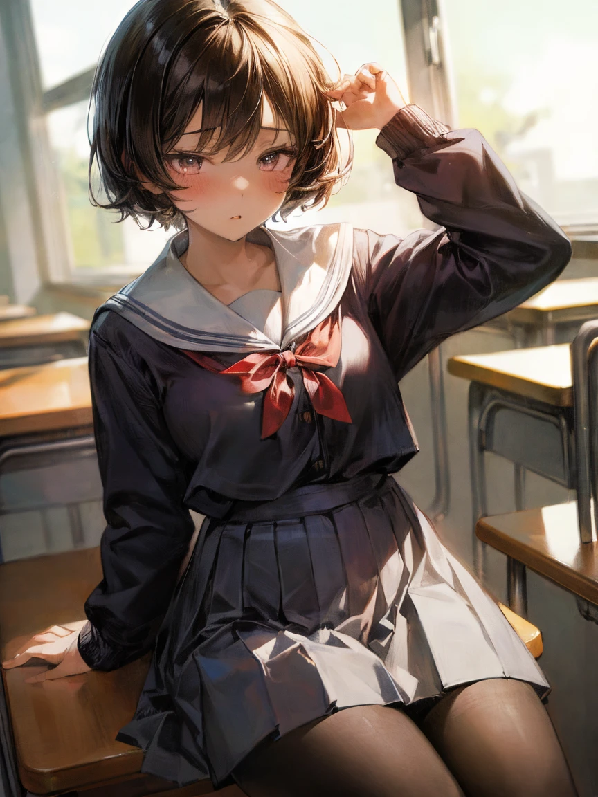 (masterpiece, highest quality:1.2)、(1 girl)、(high school uniform)、(School classroom)、(eyes half closed)、(lots of drool:1.3)、The body shakes violently、[:(detailed face:1.2):0.2] ,  ((Black very short hair)) ,  (black pantyhose),  arched back