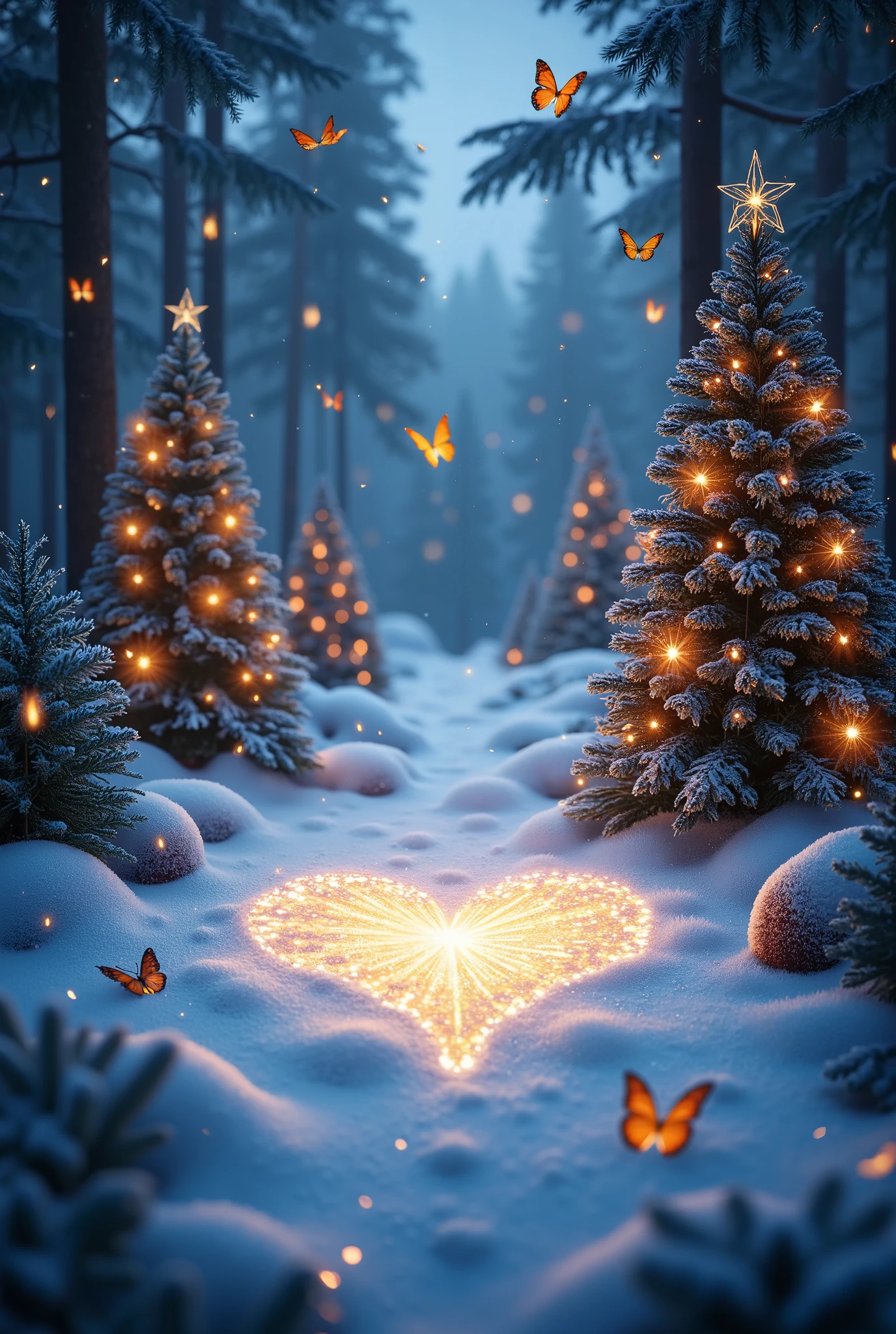  cinematic shot , Fantasy, 16K, ultra details,  better quality ,  complex details ,  maximum quality ,  masterpiece fails, Beautiful New Year Forest with Decorated Christmas Trees , It&#39;s snowing,  butterflies fly ,  beautiful colors , rich colors ,  On the snow The heart is beautifully painted and there is a small glow, Wonderful,