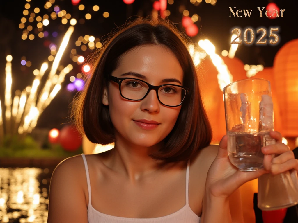 A pretty woman, with glasses, black frames, short, brown hair, text: "Happy New Year! 2025!", champagne bottle, lanterns, fireworks, festive atmosphere, cheerfulness, 8K resolution ,stock photo ,colors, Professional photography,, natural lighting, canon lens, shot on dslr 64 megapixels sharp focus