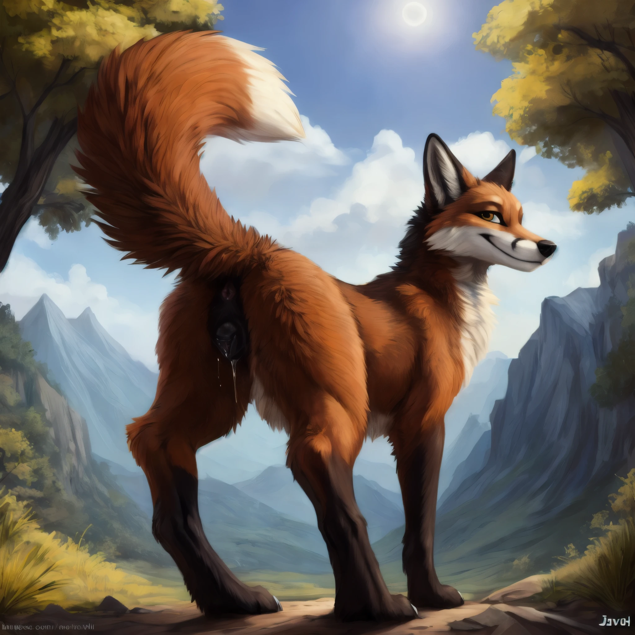 female feral fox, lizardlars, halbean, lizet, trending on artstation,foxovh, cenematic lighting, seductive, Forest, mountains, clouds, distant river, brown fur, nude, animal genitalia, canine pussy, looking at viewer, anatomically correct, standing, raised tail, presenting hindquarters, looking back, side-rear view, anus, black pussy, fluffy tail, solo, smile, all fours, perspective, feral, playful, long tail, pussy juice