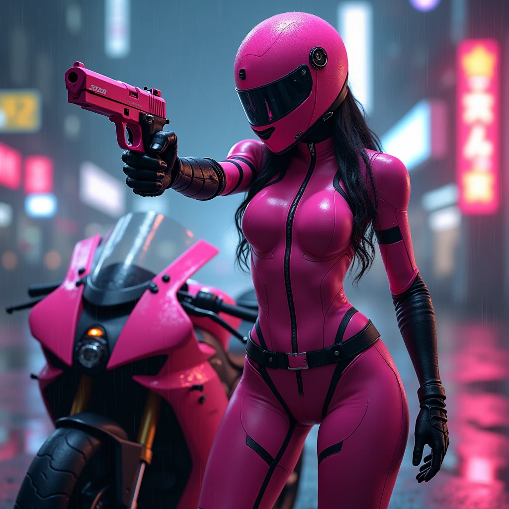 painting of a woman in a pink suit sitting on a motorcycle, inspired by Syd Mead, style of syd mead, in style of syd mead, syd mead style, neon version of style jim burns, syd mead. rich colors, sitting on cyberpunk motorbike, the style of syd mead, syd mead and mark brooks, slick pink armor, hajime sorayama designed girl