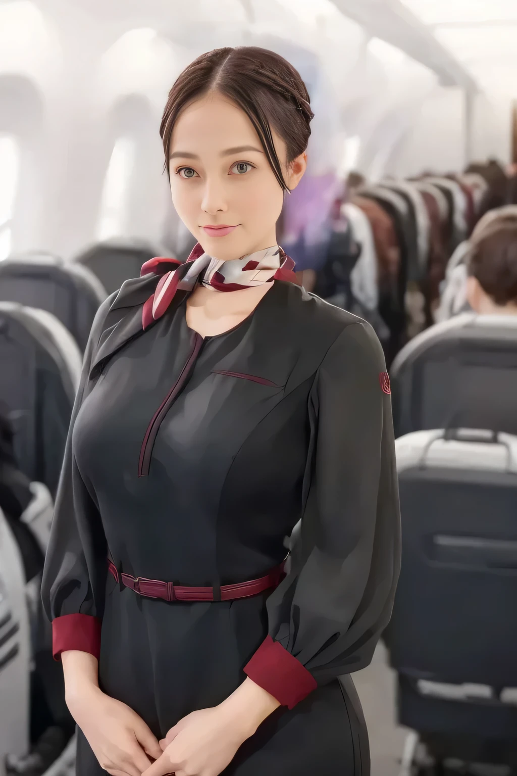 (masterpiece:1.2, top quality :1.2), 32kHDR, high definition , (Alone、 1 girl)、( on board)、In-flight background、( wearing a JAL flightattendant uniform )、(( short sleeve jumper skirt in a JAL flightattendant uniform {x} JAL flightattendant uniform 、Red belt wrapped around the waist 、 Scarf around the neck ))、 dark brown hair 、( Super Long Hair Wrap Hair、Braid Wrap Up Hair )、 、 long hit 、Big Breasts、Thin legs、(( amazing hands:2.0)),(( harmonious body proportions :1.5)),((Normal limbs:2.0)),((Usually :2.0)),(( Delicate eyes:2.0)),((Normal eyes:2.0)))、( beautiful standing figure wearing a JAL flightattendant uniform )、Hands folded under the body 、 being crucified