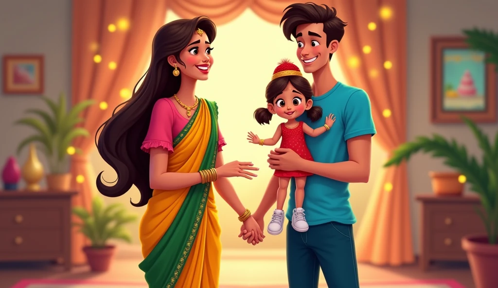 Create an image of a brown woman and a brown man with two boys, one bigger than the other, and also a baby girl.