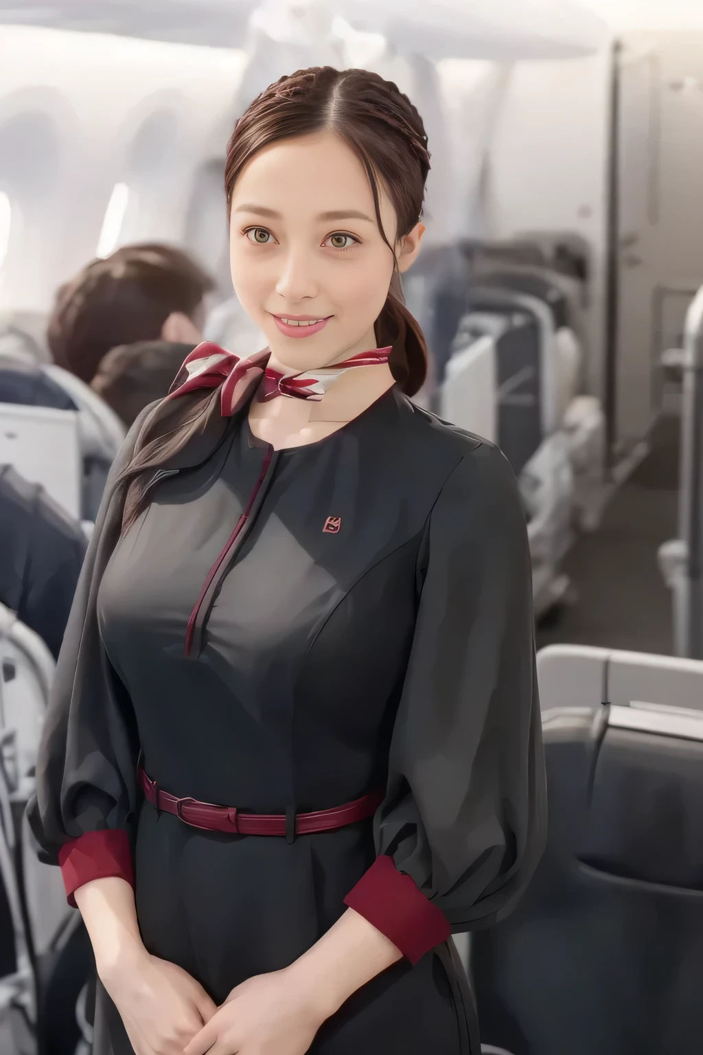 (masterpiece:1.2, top quality :1.2), 32kHDR, high definition , (Alone、 1 girl)、( on board)、In-flight background、( wearing a JAL flightattendant uniform )、(( short sleeve jumper skirt in a JAL flightattendant uniform {x} JAL flightattendant uniform 、Red belt wrapped around the waist 、 Scarf around the neck ))、 dark brown hair 、( Super Long Hair Wrap Hair、Braid Wrap Up Hair )、 、 long hit 、Big Breasts、Thin legs、(( amazing hands:2.0)),(( harmonious body proportions :1.5)),((Normal limbs:2.0)),((Usually :2.0)),(( Delicate eyes:2.0)),((Normal eyes:2.0)))、( beautiful standing figure wearing a JAL flightattendant uniform )、Hands folded under the body 、 being crucified
