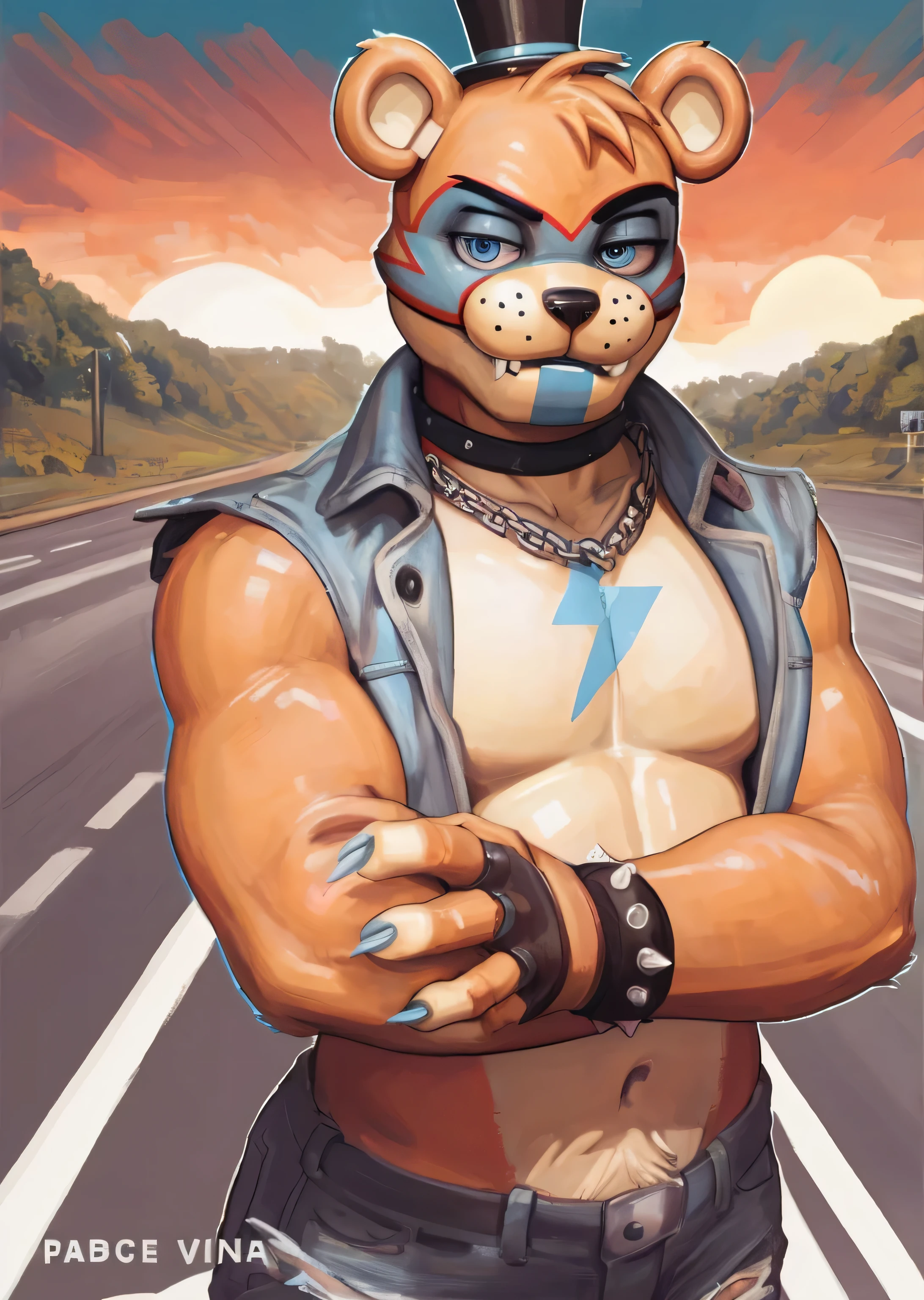 ((glamrock freddy)), ((FNAF: fury's rage)), ((pixelsketcher)), ((masterpiece)), ((high resolution)), ((cartoon style)), ((solo portrait)), {(masculine figure), (muscular), (thick arms), (sharp blue claws), (orange fur), (blue facepaint), (blue lightning bolt tattoo on chest), (bushy eyebrows), (blue eyes), (black pupils), (half lidded eyes), (smug smirk), (sharp fangs)}, {(open denim jacket), (ripped jeans), (chain necklace), (black fingerless gloves), (black tophat), (red hoop earring)}, {(standing), (arms crossed), (looking at viewer)}, ((road)), ((sunset))