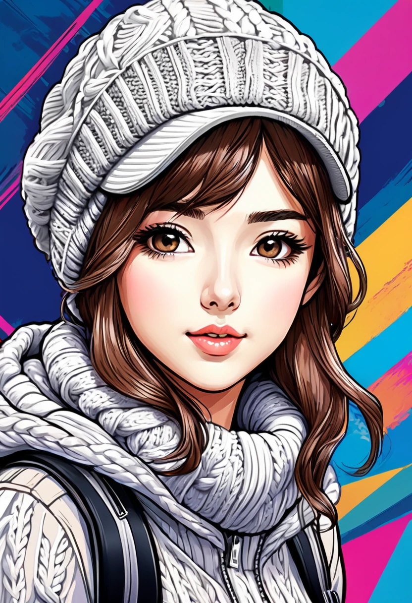 rough sketch manga painting style, cute woman, knit flight cap, pop art background, ultra detailed, absolutely resolution, masterpiece