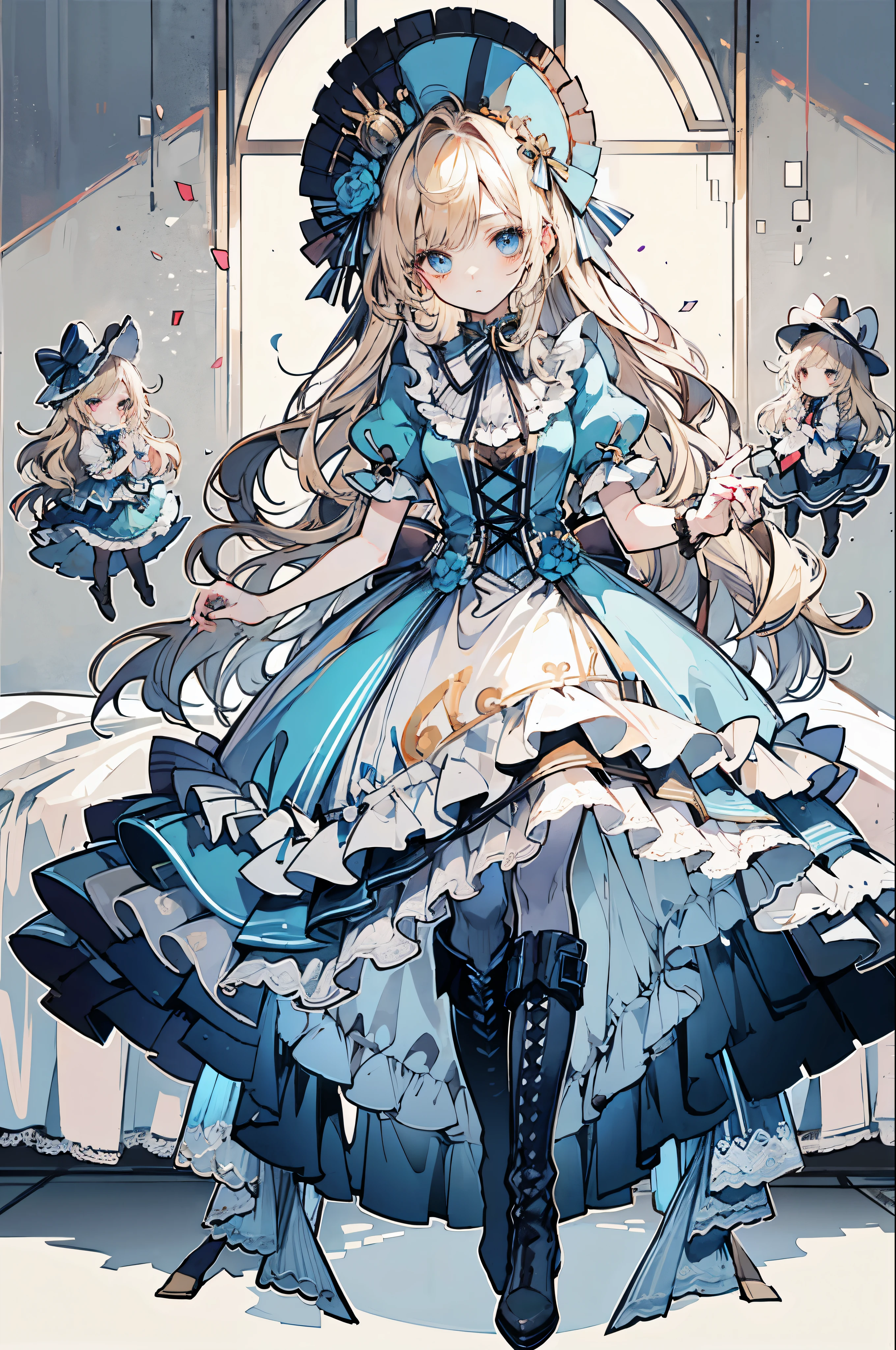  high res,超 high res,8k,  top quality , masterpiece,  very detailed,  studio lighting ,   physically-based rendering  ,  1 girl, Alone,
 BJD Dolls, ,  Alice in Wonderland ,  on my bed,  blue dress, Boots,