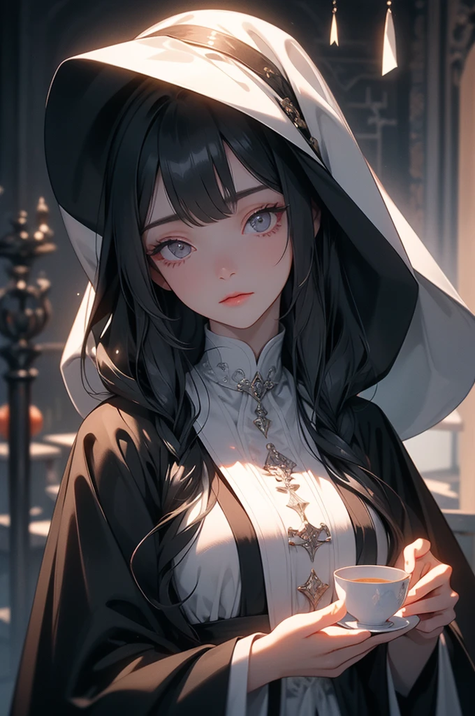 1 woman, black hair, lifeless eyes, motionless,, cool tea ,Gorgeous figure ,Black and white cloak , white mouth cloth ,Long hair, , masterpiece,Milk,Exciting,หัวMilk,ใบหน้า, cool tea 