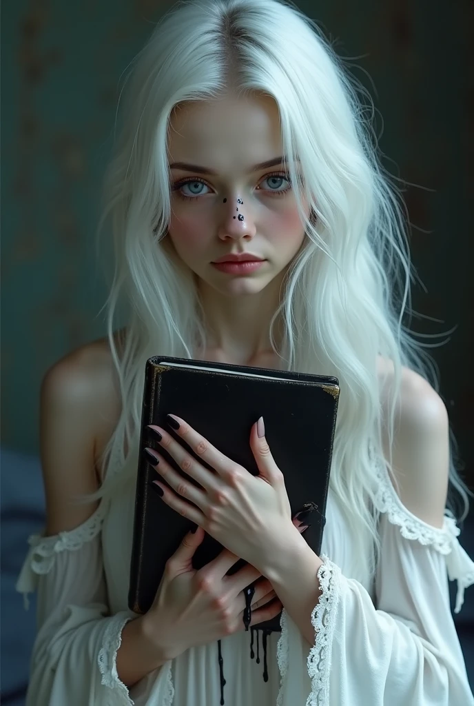 Beautiful white skinned girl, light gray hair, with bright shiny eyes, Shiny skin, Beautiful black manicure, Beautiful nails, Pearl skin, wearing black dress, Beautiful detailed fingers, professional photo, 4K, high resolution, high detail, aesthetically pleasing, Beautiful, realistic, looking straight ahead, beautiful long nails, standing holding a book in the background of a dark living room.