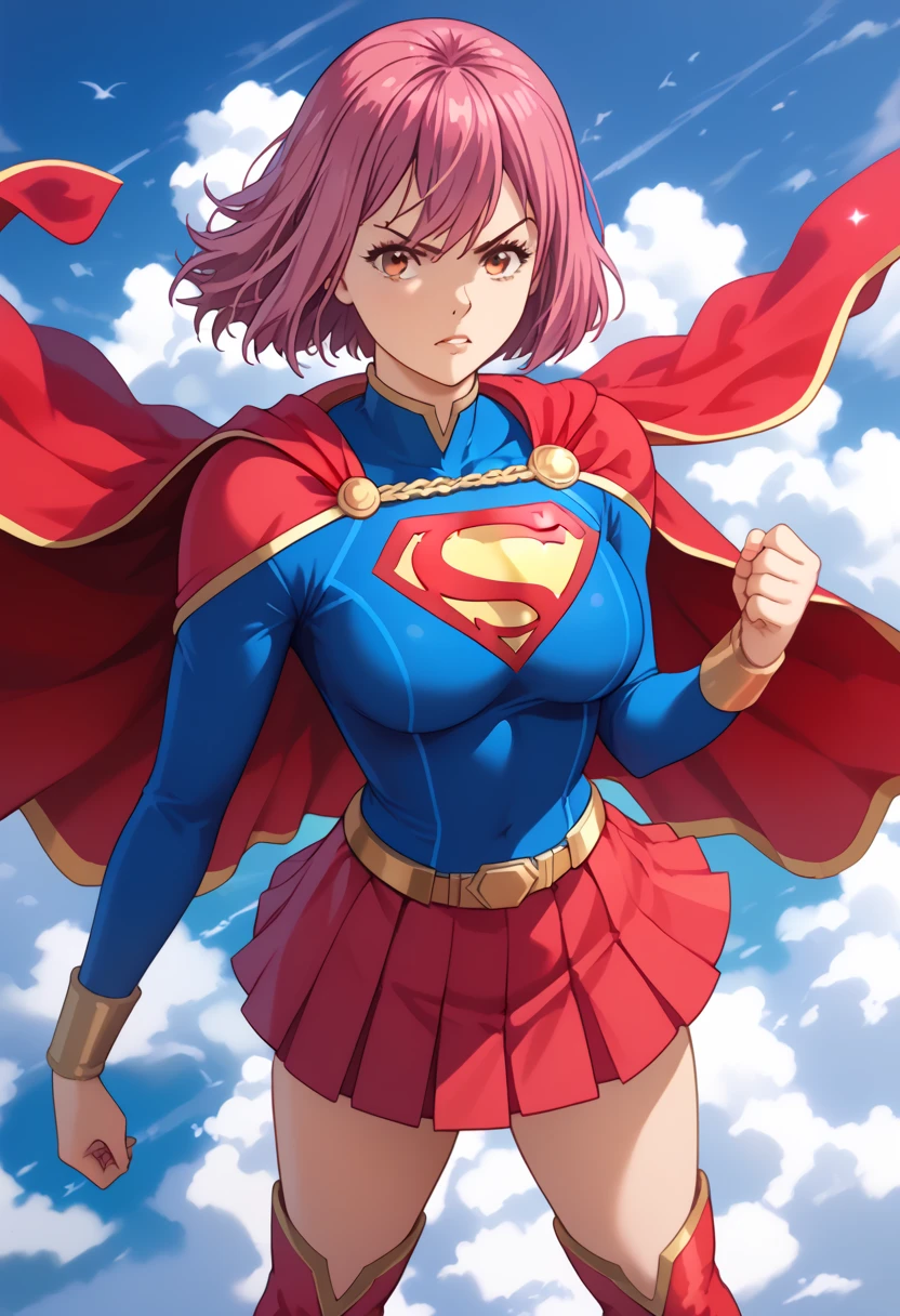 Hisako Arato, with her composed demeanor and pink hair, takes on a powerful new look in the classic Supergirl costume. The vibrant blue top, featuring the bold red and yellow 'S' emblem on her chest, perfectly contrasts her usual calm and collected appearance, symbolizing the strength she possesses beneath her reserved exterior. A flowing red cape cascades behind her, adding a heroic flair to her poised stance. The outfit is completed with a red skirt and matching knee-high boots, highlighting her agile and refined figure. Hisako’s focused and serious expression, now mixed with the confident aura of Supergirl, transforms her into a symbol of quiet strength and protection. This blend of her medical expertise and the superhero's power makes Hisako look both graceful and ready to stand up for what’s right.