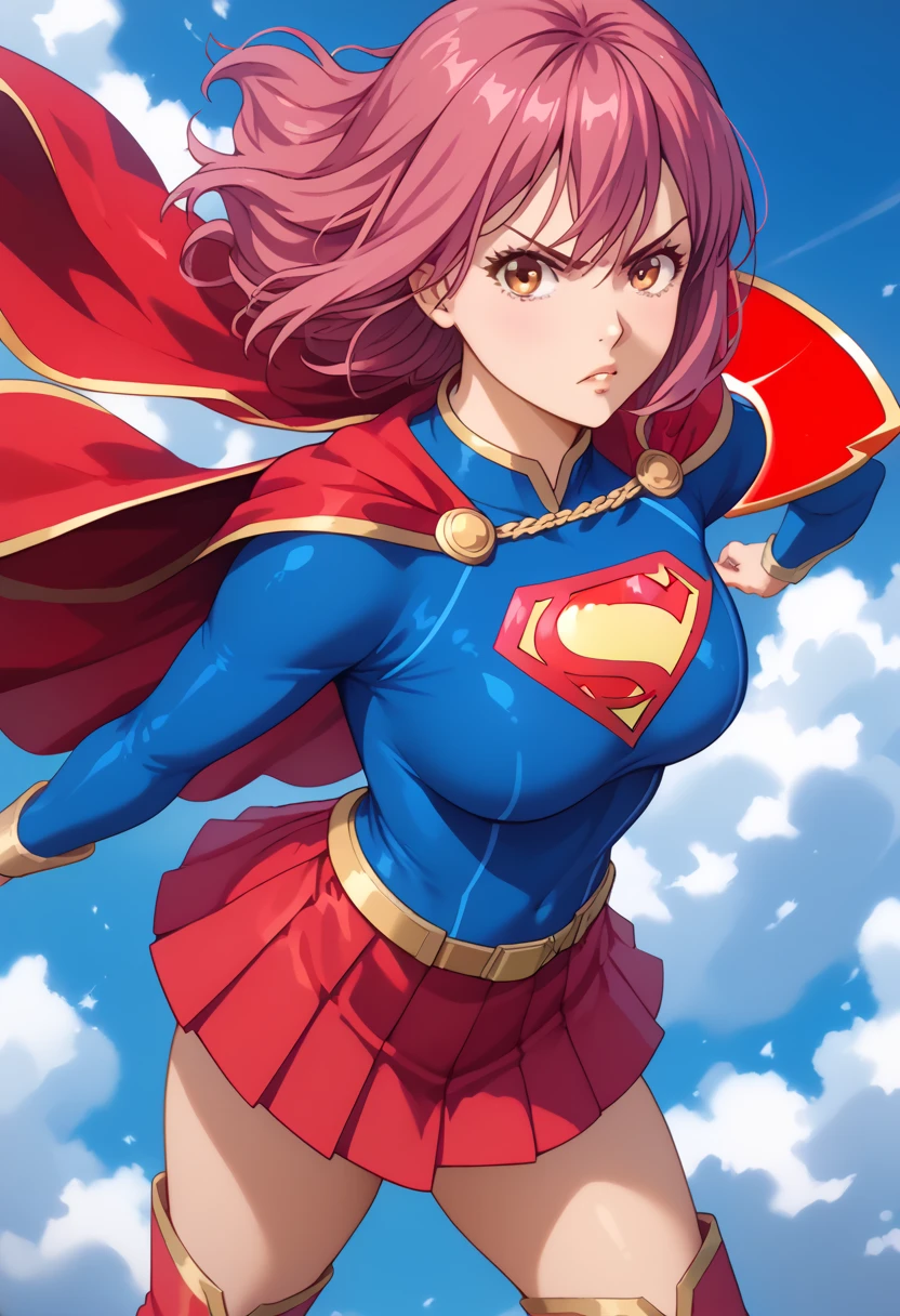 Hisako Arato, with her composed demeanor and pink hair, takes on a powerful new look in the classic Supergirl costume. The vibrant blue top, featuring the bold red and yellow 'S' emblem on her chest, perfectly contrasts her usual calm and collected appearance, symbolizing the strength she possesses beneath her reserved exterior. A flowing red cape cascades behind her, adding a heroic flair to her poised stance. The outfit is completed with a red skirt and matching knee-high boots, highlighting her agile and refined figure. Hisako’s focused and serious expression, now mixed with the confident aura of Supergirl, transforms her into a symbol of quiet strength and protection. This blend of her medical expertise and the superhero's power makes Hisako look both graceful and ready to stand up for what’s right.