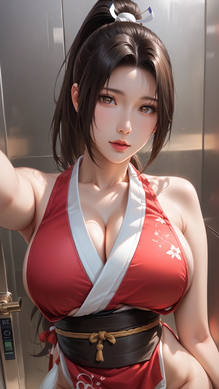 score_9,score_8_up,score_7_up,high res image,masterpiece,best quality,realistic,Mai Shiranui,(plump:1.7),(black pupil:1.2),(brown black hair:1.3),(High ponytail:1.3),(in the elevator:1.4),(revealing japanese clothes, pelvic curtain:1.5),(head on to me:1.4),(reach forward:1.5),