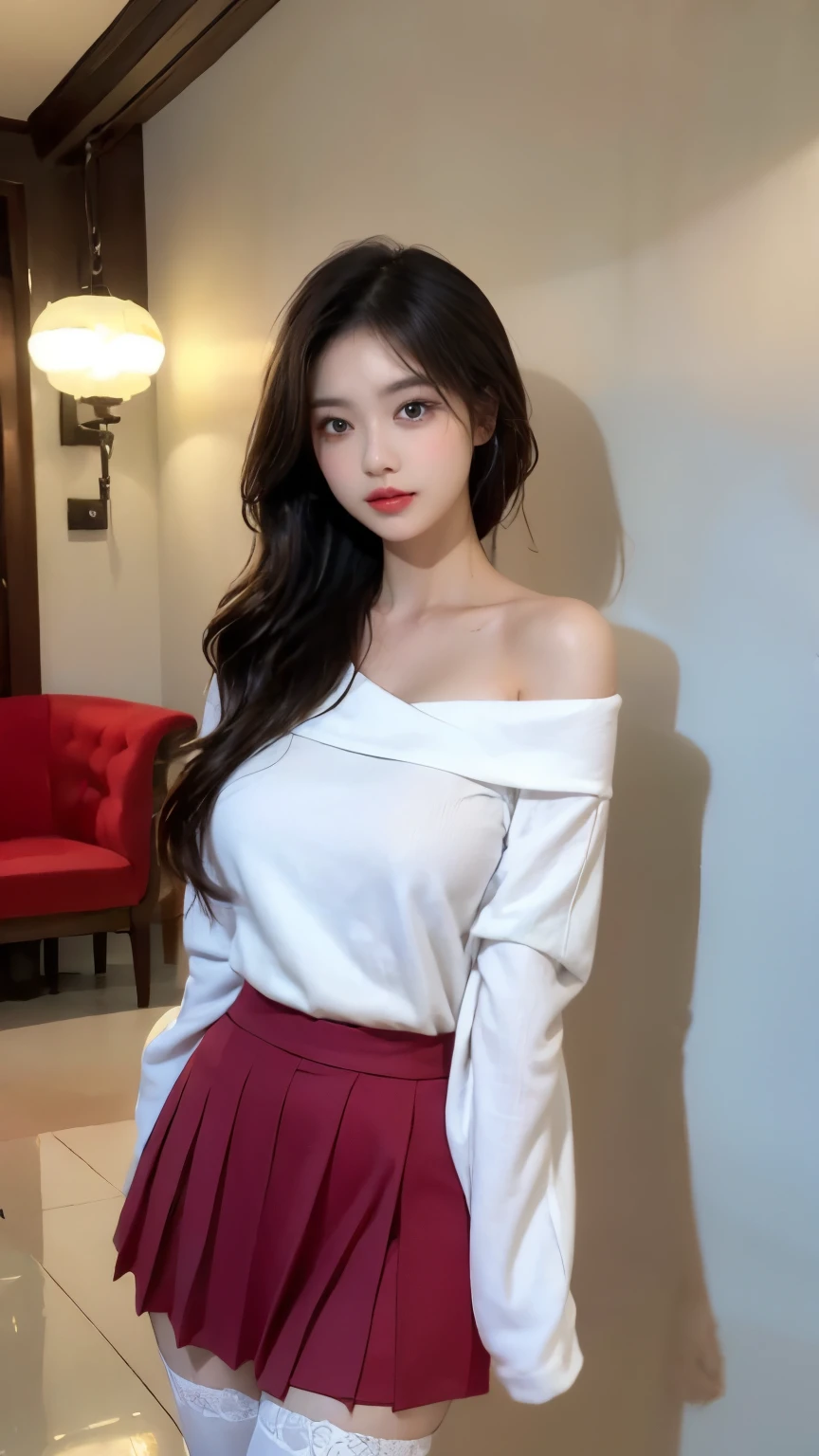 A perfect young female white-collar worker，Chinese big breasts，High picture quality，Works of masters，Black hair，Long hair shawl，Long hair flowing over the shoulders，Beach wave hairstyle，cropped shoulders，clavicle，exquisite face，Hydrated red lips，（（Wear colorful and stylish summer sailor suits））（red colour，blue colors，green color，Violet-orange，In pink，amarelo，Printed clothing），Kurfo，，Colorful pleated skirt，Shadow lace skirt，Sparkling gemstone dress，Lightning astral dress，lumnious，white stockings，Lace material，Silk clothing，Real Human，（White interior wall background：1.5），CG rendering，16k，Stand up，Empty interior，Do not show your hands，Close-up shot