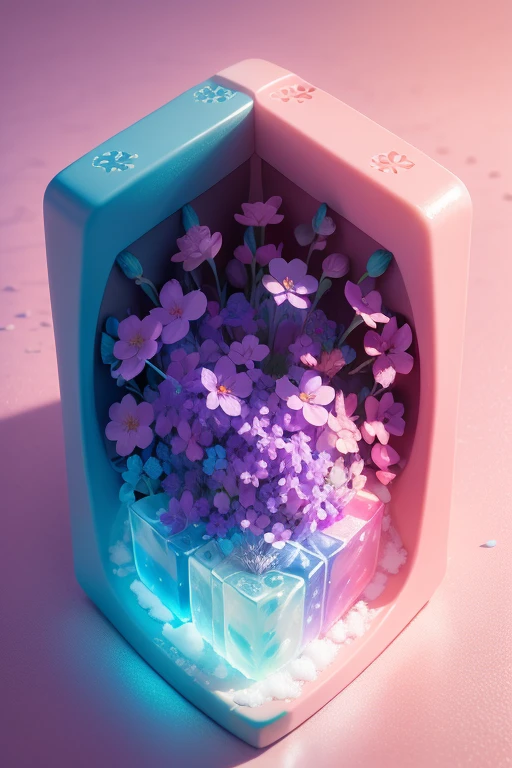 computer keyboard made out of ice cubes with different tiny flowers frozen inside in pink, purple and blue color, in style of refreshment on a hot day in a Sahara desert, minimal summer concept, photorealistic, detailed, photo taken by an art director 