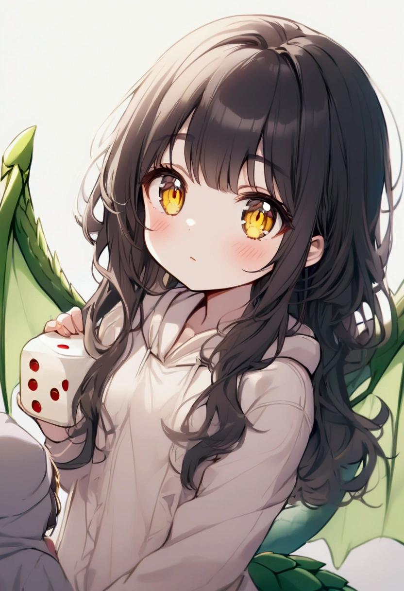 Dragon Tail , Dragon Wings ,hood friend, black hair,Yellow eyes, dice , long hair, Clean Hair,girl, cute ,Lovely ,