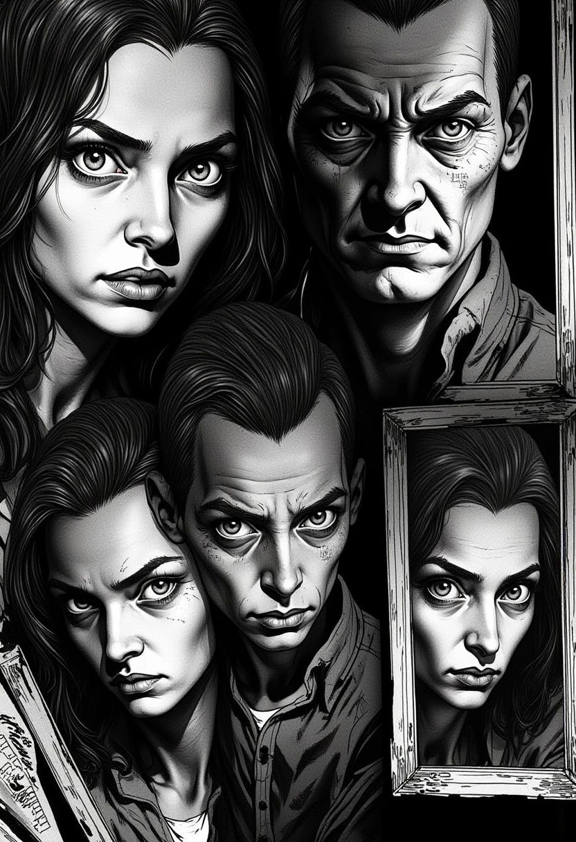 Portray visual climax :
the family: shown in flashbacks in smaller frames , with melancholic and detailed features : - Based on the text above, create a black and white noir comic book style image keeping the same seed as the black and white character noir and keeping the same seed as the character, artwork, main art, highly detailed official art , High Quality 8K , Epic european Art, official poster art, high definition art