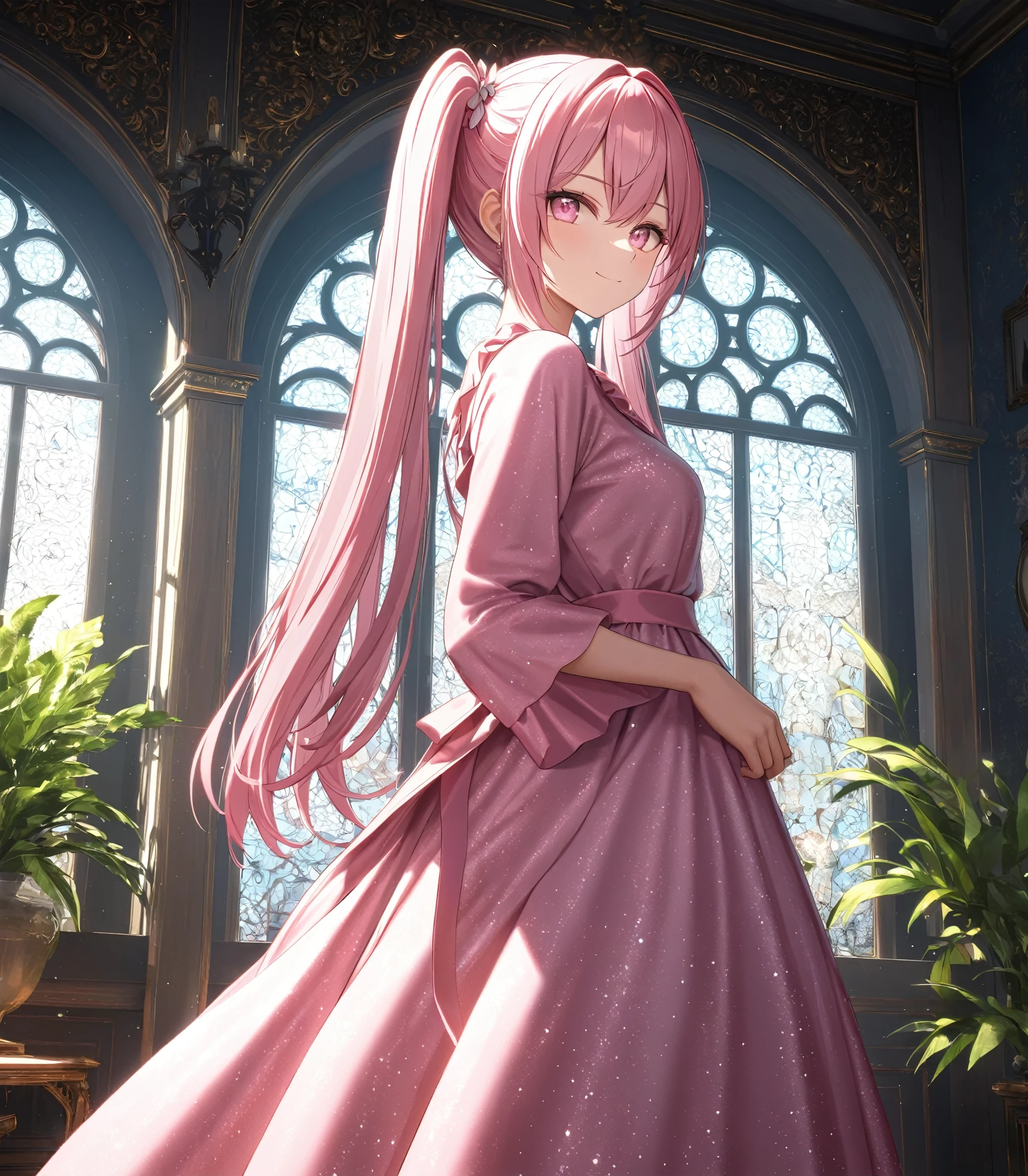 1girl, solo, Pink Shine Bright Hair, hair between eyes, Long hair, twintails, aesthetic detailed eyes, (Pink shiny Bright Eyes), bright pink eyes, (pale cheeks), (skin colored cheeks), Mesmerise, Little smile, closed mouth, (half body, cowboy shot),  BREAK
(yellow summer dress, long dress), BREAK
(indoors, standing near the window, from side), BREAK
HDR, 8K, masterpiece, best quality, amazing quality, very aesthetic, high resolution, ultra-detailed, absurdres, newest, scenery, 
masterpiece, scenery, aesthetic detailed background, best quality, game cg aesthetics, sharp focus, sharp details, beautiful detailed eyes, detailed skin, detailed hair, light particles,  photo background, depth of field, 
(masterpiece), best quality, ultra-detailed, 1024k UHD wallpaper, ultra-high resolution, depth of field, HDR, Ray tracing, RTX, high saturation, photon mapping, best texture quality, best compotitions, (extremely detailed CG 1024k wallpaper), High Details, Detailed face, Detailed Clothes, Ultra HD Photo, Perfect Face, expressive eyes, pale cheeks