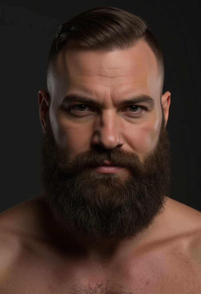 Make a man bald, scary looking, thin face, pale skin, Large Beard, wearing armor and looking serious. Your eyes are brown, your bald hair is light brown.