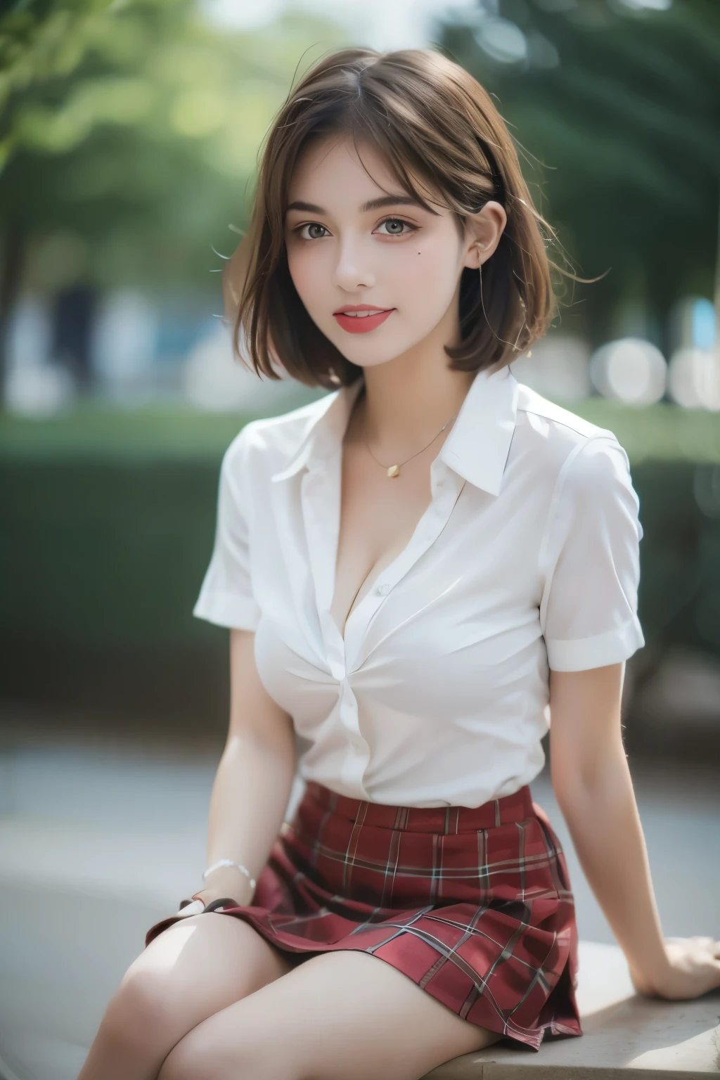 nsfw, 8K raw photo, Best quality, masterpiece, ultra high res, film grain, filmg, 1girl, looking at viewer, natural skin texture, realistic eye and face details, full lips, lipstick, (makeup), red eyeshadow, fluffy short hair, messy hair, smile, close mouth, beautiful legs, tall female, skinny, slim_legs, solo, enormous breast, cleavage, Pose with buttocks facing you, ultra short skirt, ass, shirt, beautiful nature location, around flower location, (detailed background), plaid skirt, white shirt, enormous breast, cleavage, Show a little cleavage through the shirt, loafers, blurry background, blurry, holding, plaid, short sleeves, jk ribbon on the neck, jk ribbon, brown hair, bracelet, water, bangs, school uniform, jewelry, parted lips, lips, from side, pleated skirt, depth of field