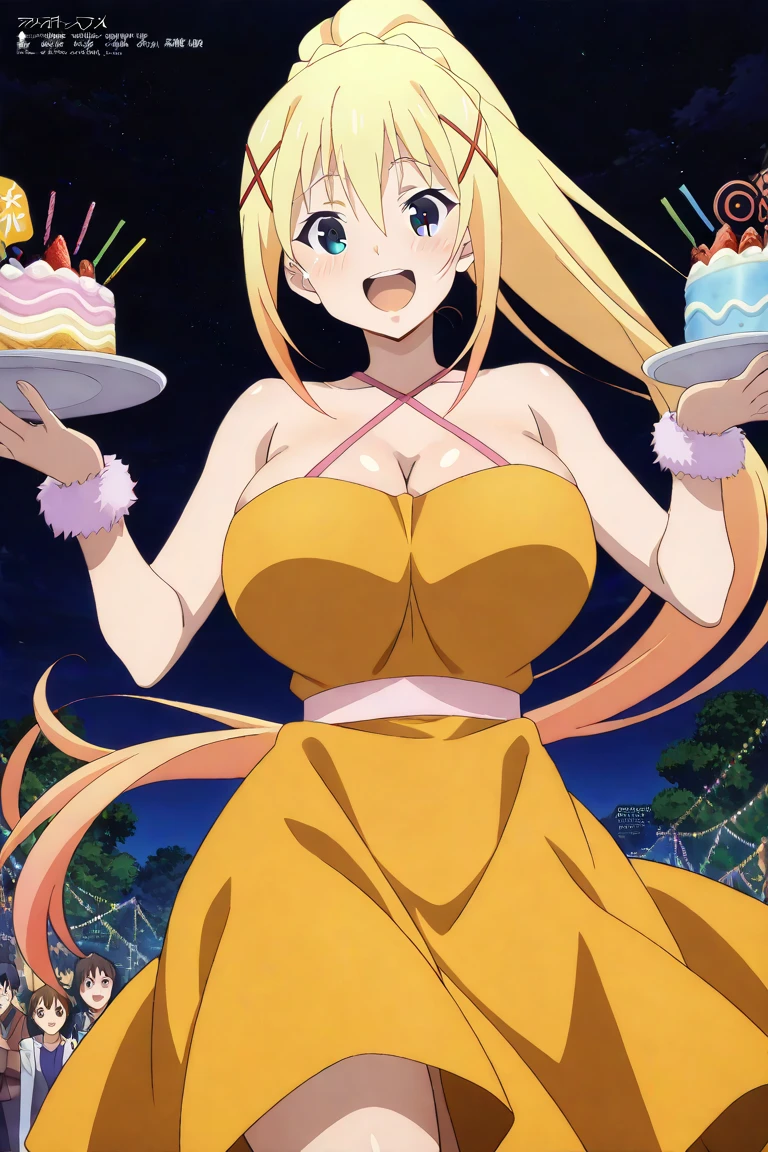 1girl,darkness,konosuba,party , dress, party dress, happy
 ,  Prompt: (huge gigantic super mega hyper:1.3),(biggest round giant massive :1.3), (only one women), source_anime,masterpiece,best quality,highres,absurdres,official art,official style,source_anime,anime screencap,anime coloring,megami magazine,anime,animated,explicit, shiny skin,