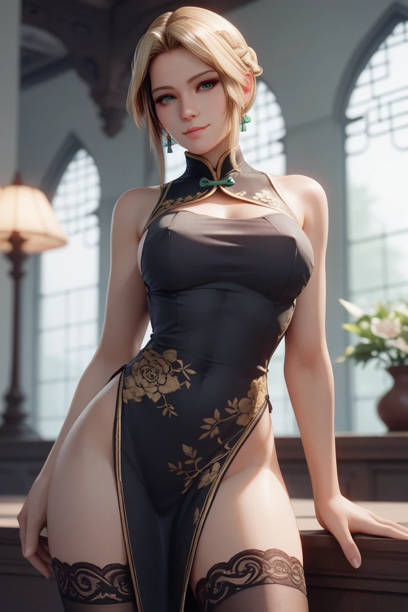 helena, black qipao, lace, thighhighs, score_9, score_8_up, score_7_up, zPDXL3