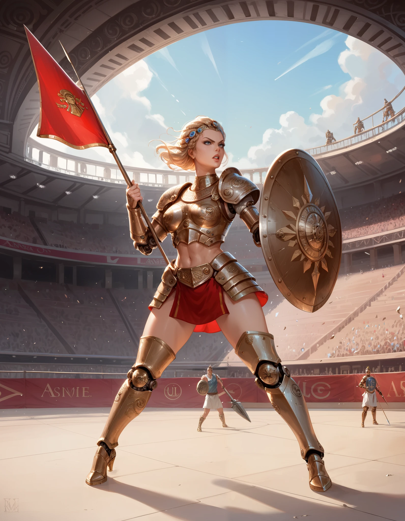 Ancient Rome, Colosseum, Robot Gladiator from the future, female, mechanical body, full body armor, (holding short spear in right hand), (holding small shield in left hand) (metal thigh high pumped stiletto boots), fighting, lions