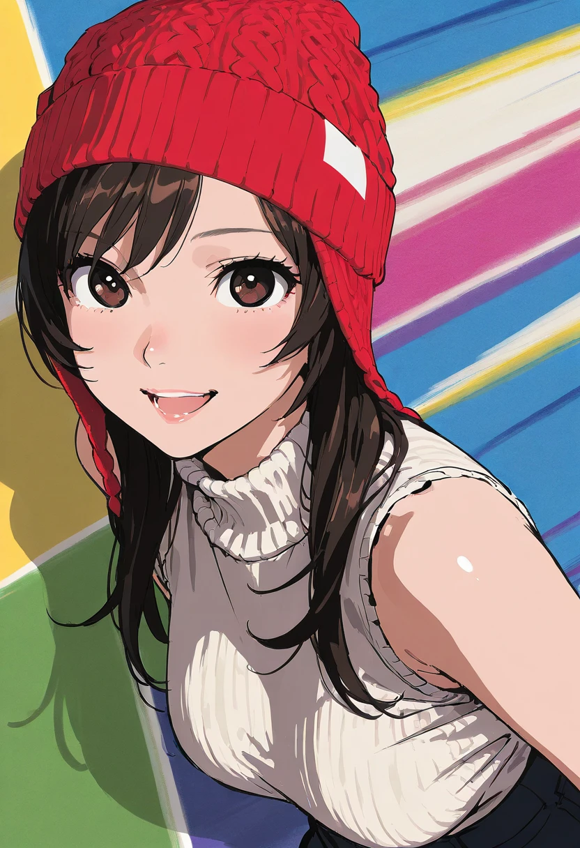 rough sketch manga painting style, cute woman, knit flight cap, pop art background, ultra detailed, absolutely resolution, masterpiece