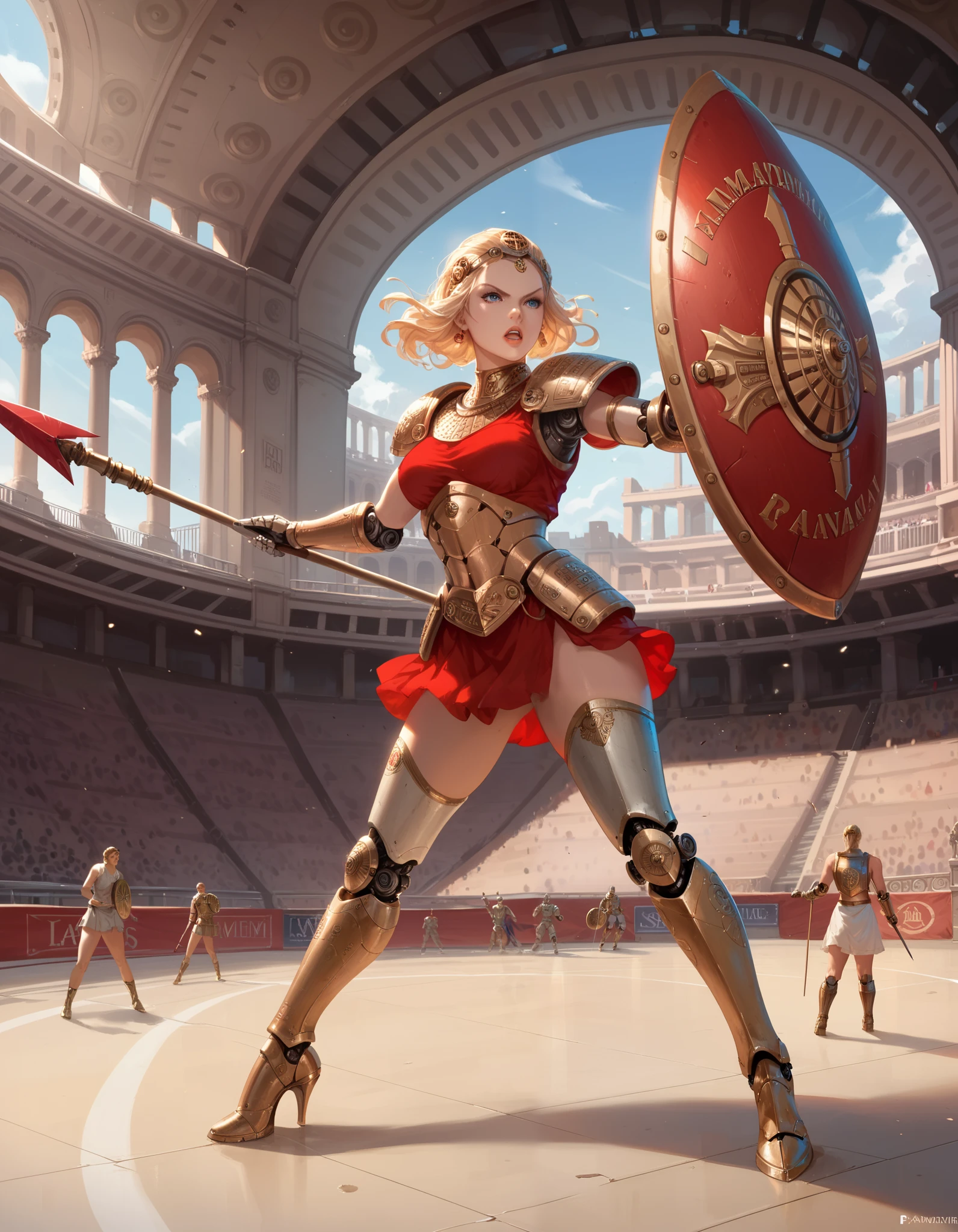 Ancient Rome, Colosseum, Robot Gladiator from the future, female, mechanical body, full body armor, (holding short spear in right hand), (holding small shield in left hand) (metal thigh high pumped stiletto boots), fighting, lions