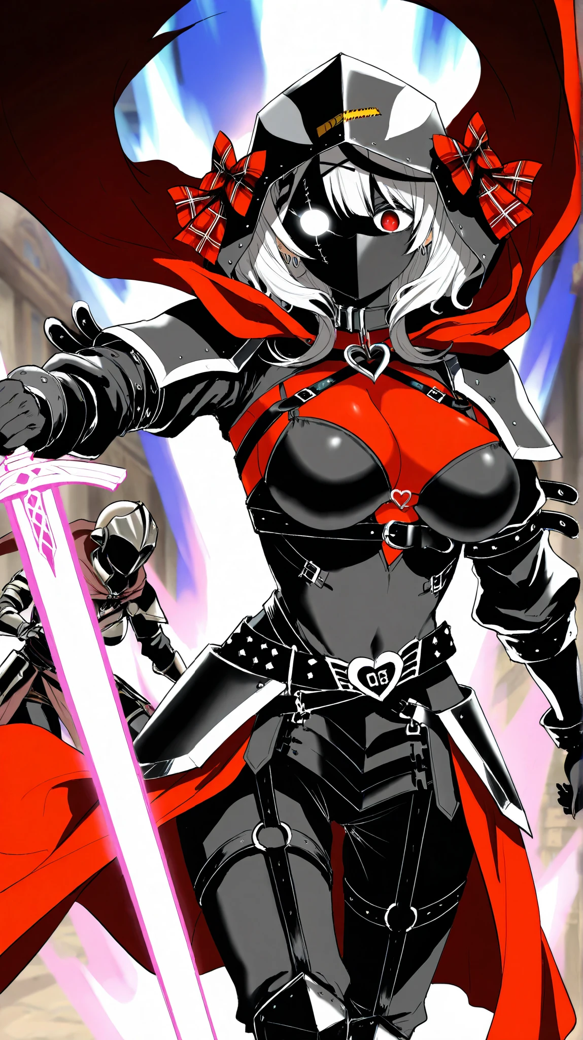 Solo, Feminine, no face, cyborg,no boring, presenting boobs to view, female, thick thighs, medium breast , clean outline, looking at viewer, symmetrical, legs spreading revealing (((black vaggina))), (((black hexagon patterned bodysuit))), half human, cybernetics, thigh gap, arm armor, leg armor, red armor, closed red helmet, fleshy breast, stomach, fleshy thigh area, red hip armor, red stomach armor,