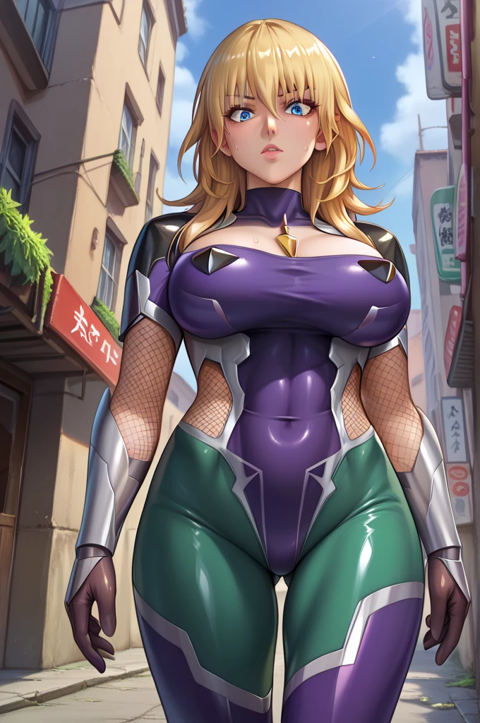  interruption source _Anime, viewers sweat a lot, 1 girl, Alone,, , bangs, underbust,  THIG-LENGTH SOCKS,large breasts, (taimanin suit), (two breast), , dark alleyナイトシティ, Byleth, taimanin suit, body suit