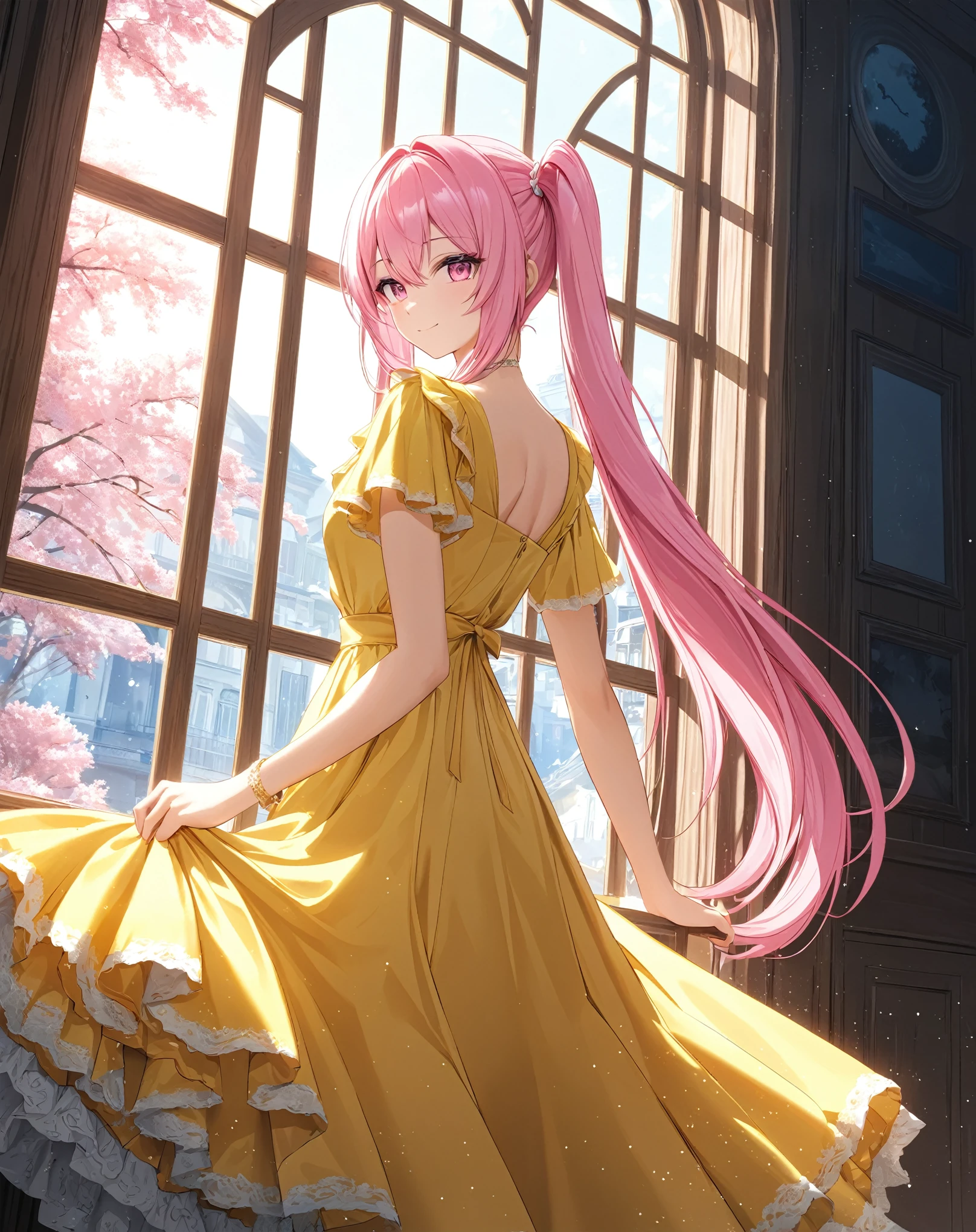 1girl, solo, Pink Shine Bright Hair, hair between eyes, Long hair, twintails, aesthetic detailed eyes, (Pink shiny Bright Eyes), bright pink eyes, (pale cheeks), (skin colored cheeks), Mesmerise, Little smile, closed mouth, (half body, cowboy shot), BREAK
(yellow summer dress, yellow coloured dress, long dress), BREAK
(indoors, standing near the window, from side), BREAK
HDR, 8K, masterpiece, best quality, amazing quality, very aesthetic, high resolution, ultra-detailed, absurdres, newest, scenery,
masterpiece, scenery, aesthetic detailed background, best quality, game cg aesthetics, sharp focus, sharp details, beautiful detailed eyes, detailed skin, detailed hair, light particles, photo background, depth of field,
(masterpiece), best quality, ultra-detailed, 1024k UHD wallpaper, ultra-high resolution, depth of field, HDR, Ray tracing, RTX, high saturation, photon mapping, best texture quality, best compotitions, (extremely detailed CG 1024k wallpaper), High Details, Detailed face, Detailed Clothes, Ultra HD Photo, Perfect Face, expressive eyes, pale cheeks