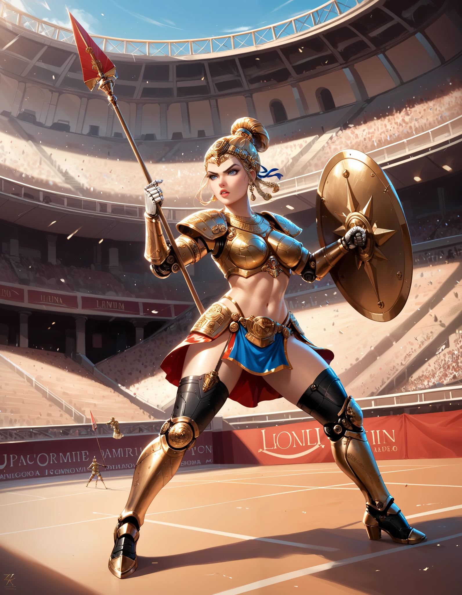 Ancient Rome, Colosseum, Robot Gladiator from the future, female, mechanical body, full body armor, (holding short spear in right hand), (holding small shield in left hand) (metal thigh high pumped stiletto boots), fighting, lions