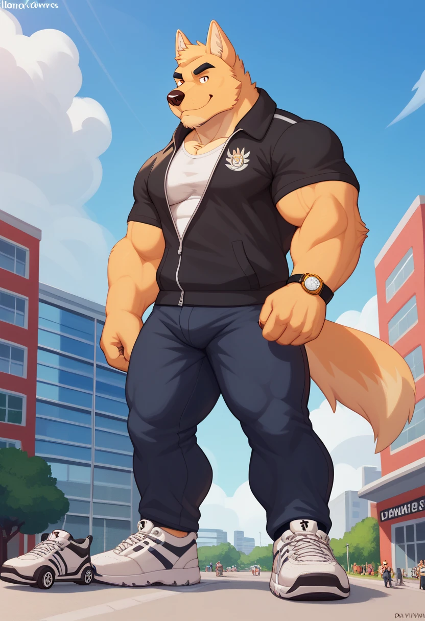 Scribble Golden retrievers face,furry(Golden retrievers), muscular, big strong muscle,( black eyebrows :1.1),(perfect eyes), golden fur，alone,（artist:takemoto arashi),（jock:1.3）， standing, Sneakers，（ Black beard :1.3），（Civil :1.3, College jacket, t-shirt, pants) Golden retrievers (Massiv:3.0, ( heavyweight , strong,Macro, Emphasize, stands next to buildings,)), background (( university campus )),