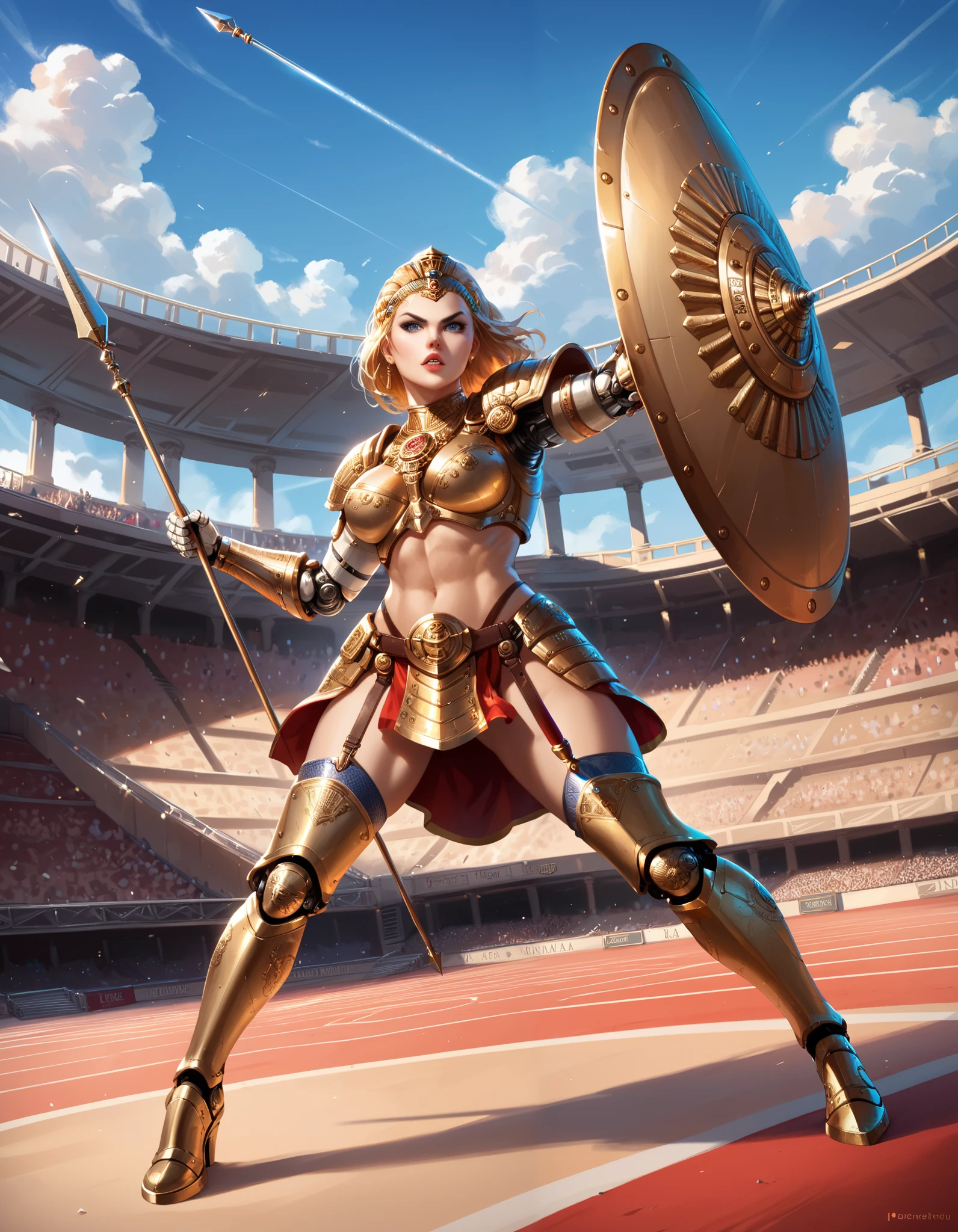 Ancient Rome, Colosseum, Robot Gladiator from the future, female, mechanical body, full body armor, (holding short spear in right hand), (holding small shield in left hand) (metal thigh high pumped stiletto boots), fighting, lions