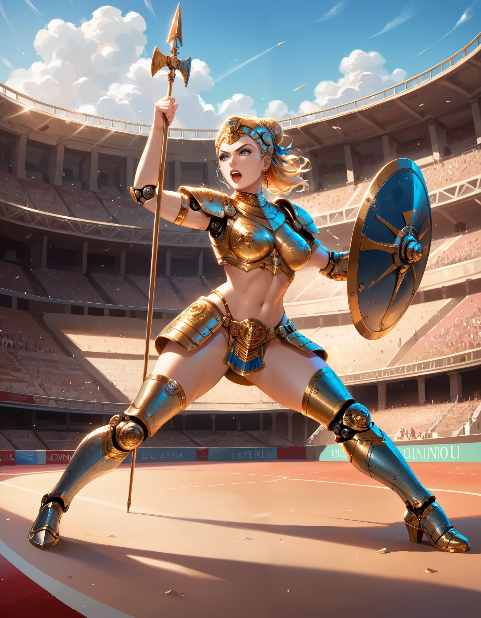 Ancient Rome, Colosseum, Robot Gladiator from the future, female, mechanical body, full body armor, (holding short spear in right hand), (holding small shield in left hand) (metal thigh high pumped stiletto boots), fighting, lions