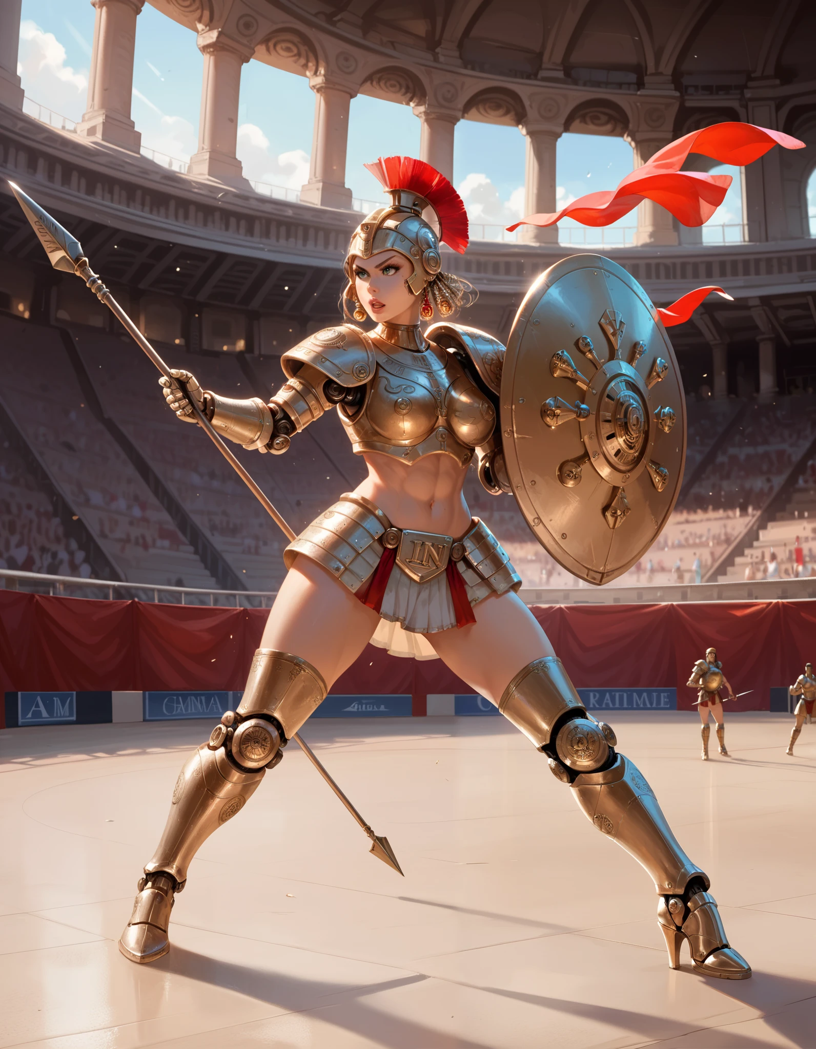 Ancient Rome, Colosseum, Robot Gladiator from the future, female, mechanical body, full body armor, (holding short spear in right hand), (holding small shield in left hand) (metal thigh high pumped stiletto boots), fighting, lions