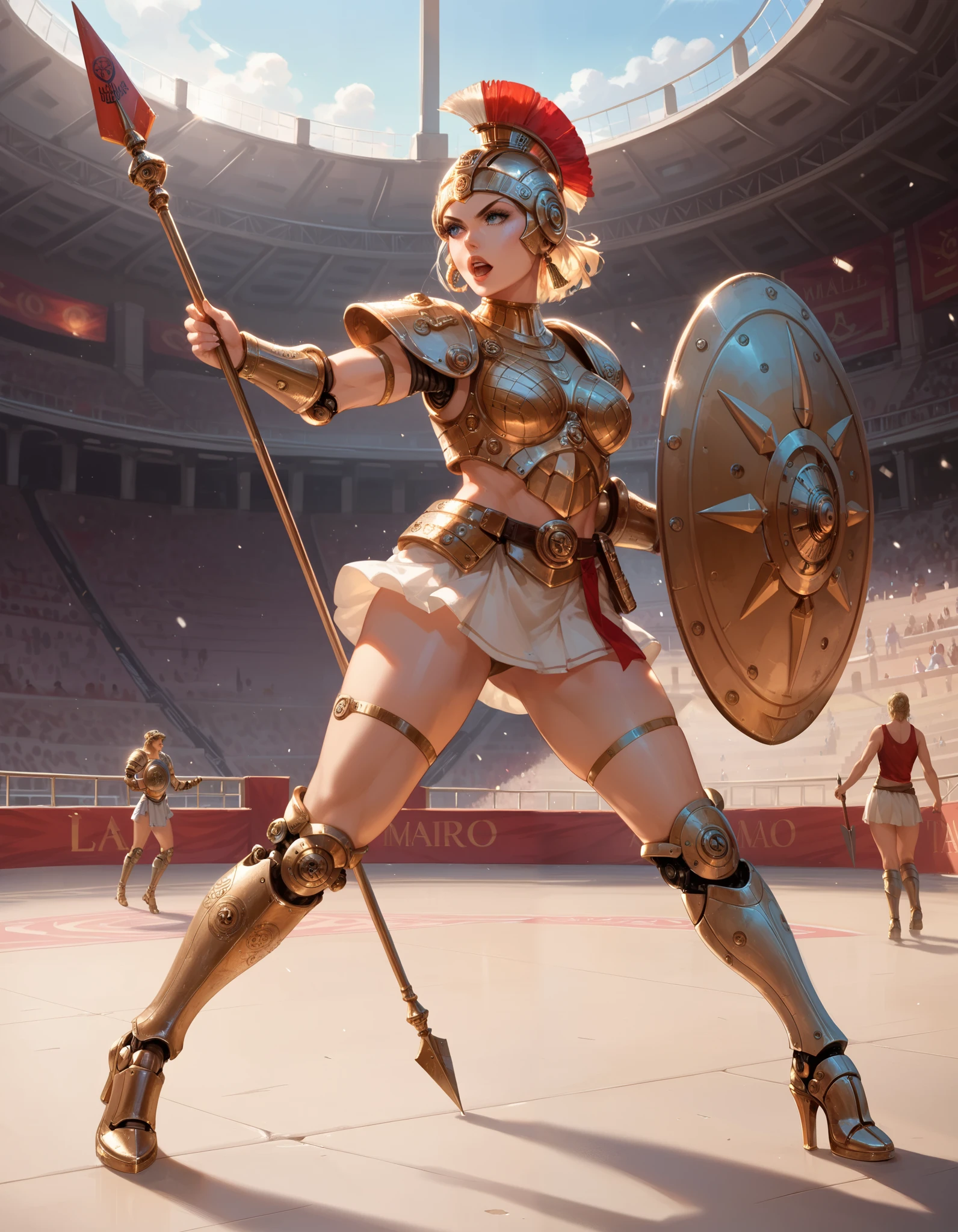 Ancient Rome, Colosseum, Robot Gladiator from the future, female, mechanical body, full body armor, (holding short spear in right hand), (holding small shield in left hand) (metal thigh high pumped stiletto boots), fighting