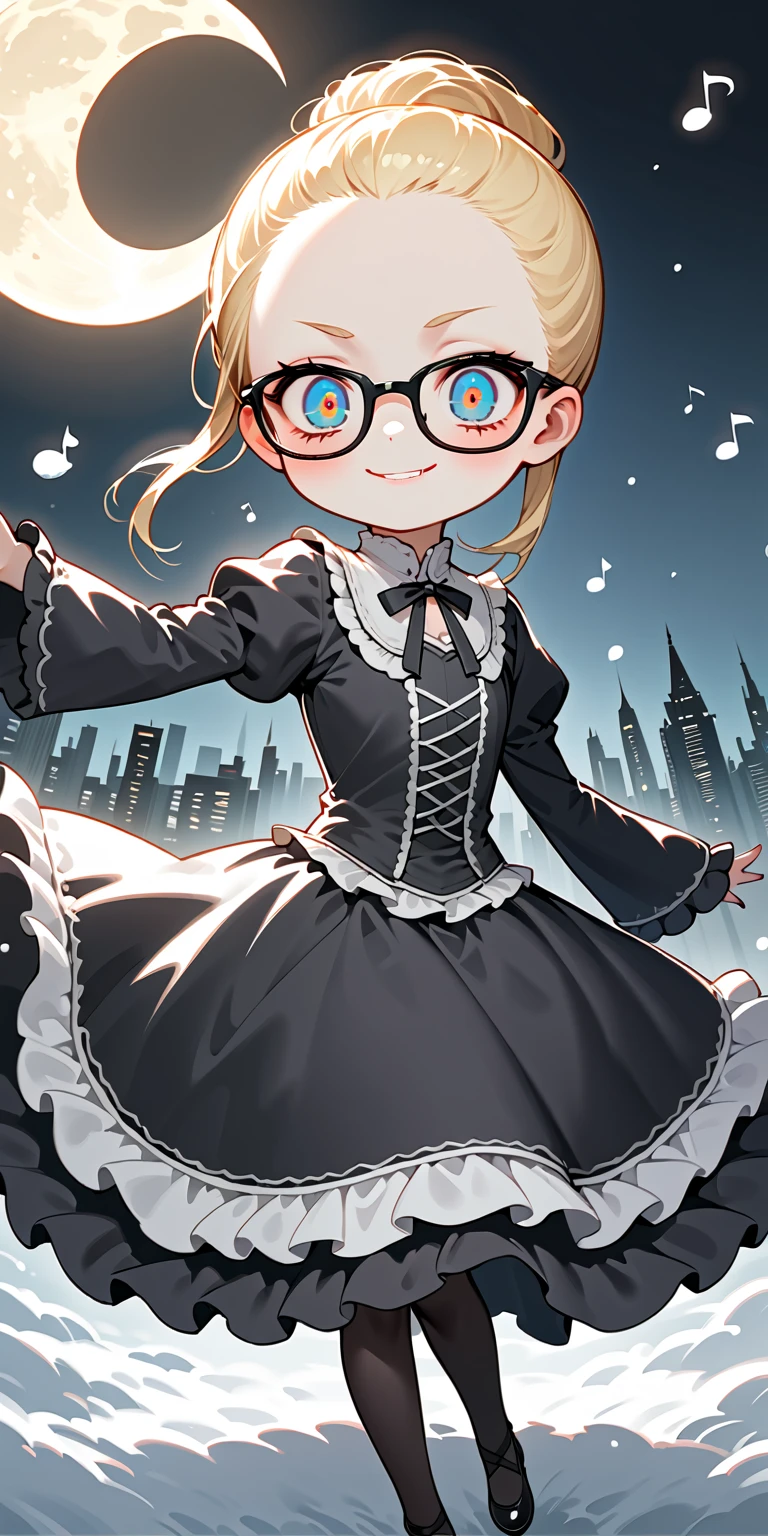 (solo:1.2),1girl\(skinny,flat chest, short height,(shiny forehead),short (Slicked back hair:1.3),Beautiful (blonde:1.3) hair,(blue eyes),detailed pupils,(black glasses\(nodoka, thick frame, square glasses\):1.3), (blue eyeshadow), thin eyebrows, thick black eyeliner, shiny eyes, long eyelash, cute, (upturned eyes:1.3), (short gothic-lolita dress\((tight:1.2),many ribbon \):1.5), (evil smile:1.2), (dancing),music notes, (flying in air:1.4),(body floating in air:1.3), full body, dynamic pose\). BREAK .background\((skull displayed moon),(white ice fairy:1.3), (snow dropping:1.5)\),(cityscape:1.3),(dynamic angle:1.4),from below. BREAK .quality\(8k,wallpaper of extremely detailed CG unit, high resolution, top-quality, top-quality real texture skin, hyper realistic, increase the resolution, RAW photos, best quality, highly detailed, the wallpaper, golden ratio, high saturation realism, vibrant colors, dramatic lighting, persuasive storytelling, atmospheric scenery, captivating visuals, intricate details, strong emotions, dreamlike world\)