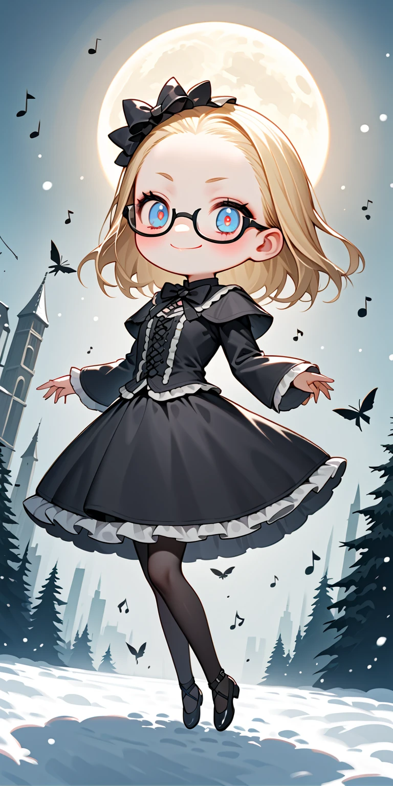 (solo:1.2),1girl\(skinny,flat chest, short height,(shiny forehead),short (Slicked back hair:1.3),Beautiful (blonde:1.3) hair,(blue eyes),detailed pupils,(black glasses\(nodoka, thick frame, square glasses\):1.3), (blue eyeshadow), thin eyebrows, thick black eyeliner, shiny eyes, long eyelash, cute, (upturned eyes:1.3), (short gothic-lolita dress\((tight:1.2),many ribbon \):1.5), (evil smile:1.2), (dancing),music notes, (flying in air:1.4),(body floating in air:1.3), full body, dynamic pose\). BREAK .background\((skull displayed moon),(white ice fairy:1.3), (snow dropping:1.5)\),(cityscape:1.3),(dynamic angle:1.4),from below. BREAK .quality\(8k,wallpaper of extremely detailed CG unit, high resolution, top-quality, top-quality real texture skin, hyper realistic, increase the resolution, RAW photos, best quality, highly detailed, the wallpaper, golden ratio, high saturation realism, vibrant colors, dramatic lighting, persuasive storytelling, atmospheric scenery, captivating visuals, intricate details, strong emotions, dreamlike world\)