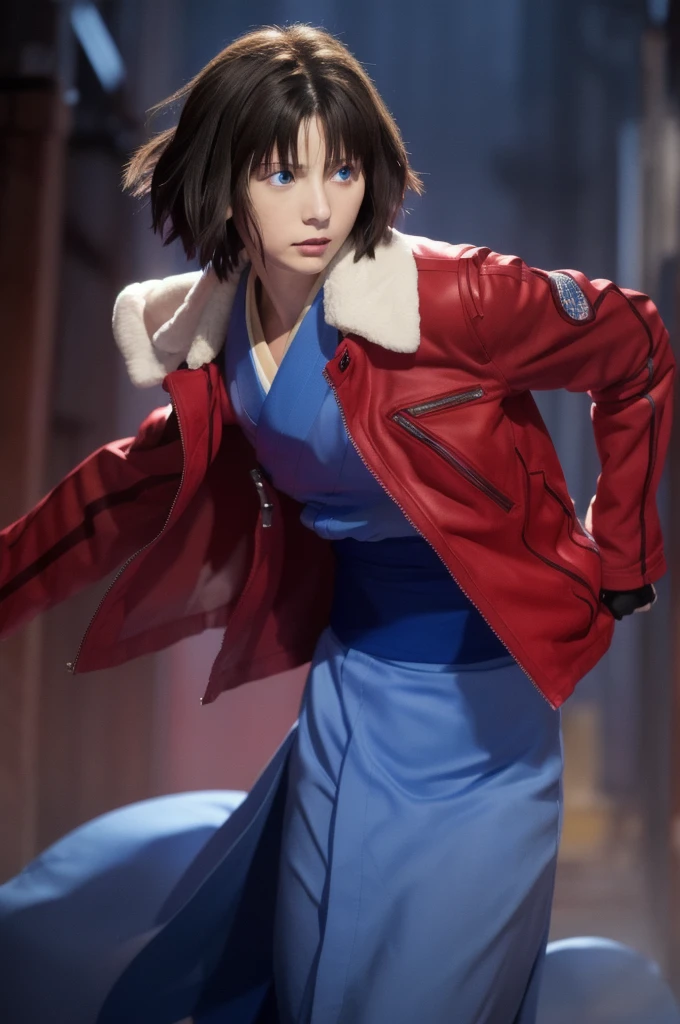 best quality, masterpiece, highres, solo, (dynamic angle), (cool), (hmshiki), Ryougi Shiki, (short hair, ahoge, red jacket, blue eyes, blue kimono, open clothes, fur trim), wield a knife at viewer, red moon, rain_blood rain, portrait, perfect anatomy, perfect proportion, noise removal