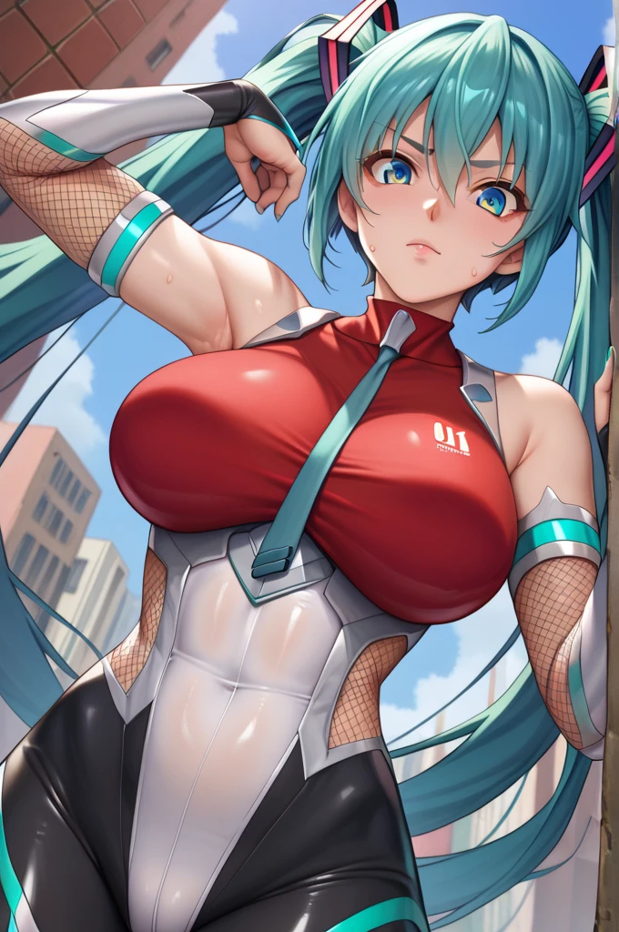  interruption source _Anime, viewers sweat a lot, 1 girl, bangs, underbust,  THIG-LENGTH SOCKS,large breasts, (taimanin suit), (two breast), , dark alleyナイトシティ, hatsune miku, taimanin suit, body suit, beautiful detailed eyes