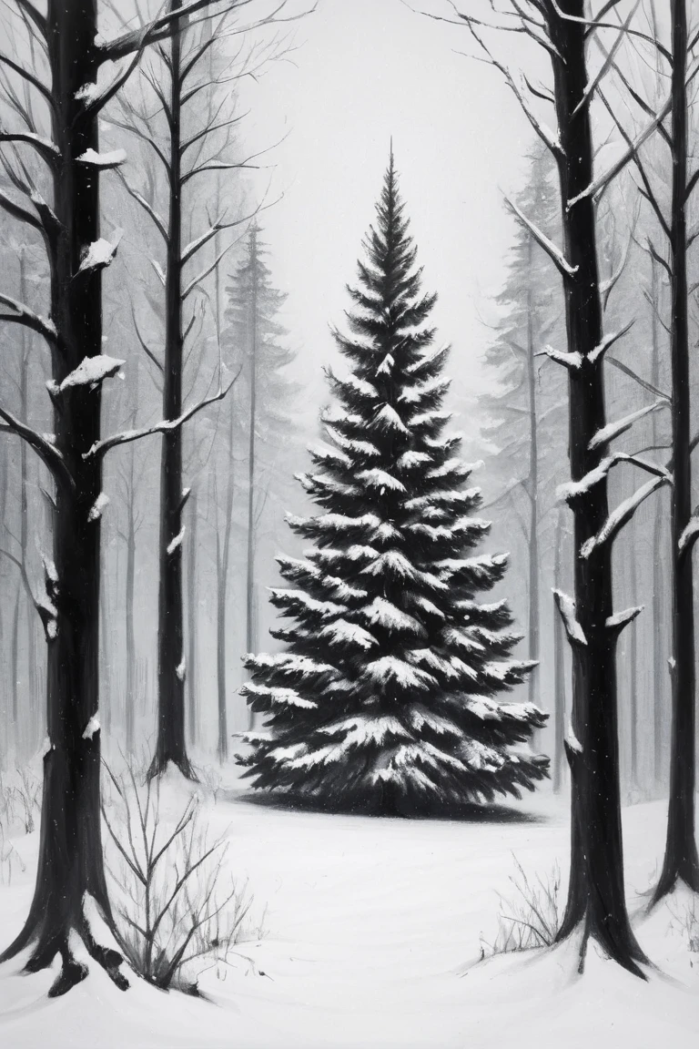 simple pencil drawing of a evergreen tree in the snow, surrounded by other trees and a misty atmosphere, done in black ink in a minimalistic, handdrawn vintage style.