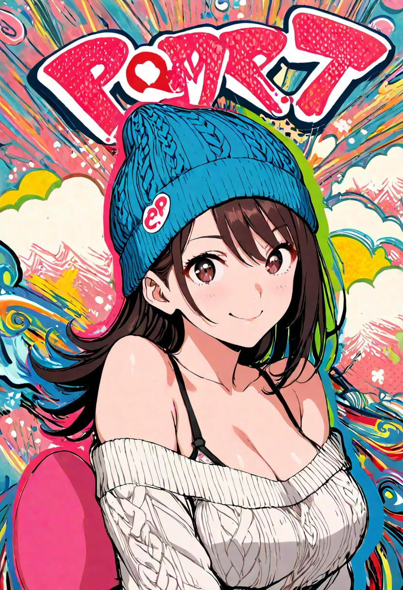 rough sketch manga painting style, cute woman, knit flight cap, pop art background, ultra detailed, absolutely resolution, masterpiece