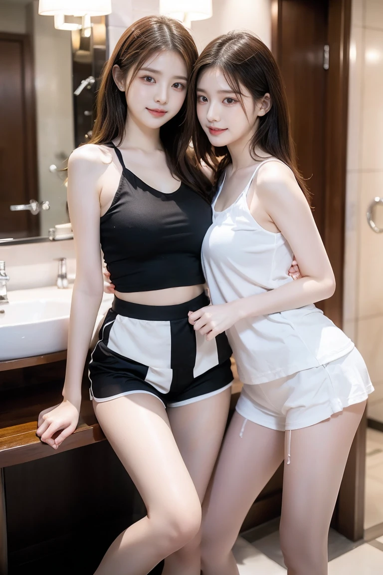  maximum resolution , 2 girls, Long hair,  short hair ,  white hair,  chest ,  redhead, Stare,  Seductive Smile, wail, Wide angle view, Relationship Chart ,  Full Character Design, Aperture F1.2, kissกัน,kiss , Black and White Tank Tops , Black and White Shorts , Black and White Skirts ,Slim legs,bathroom,shower, water bath, Sexy,