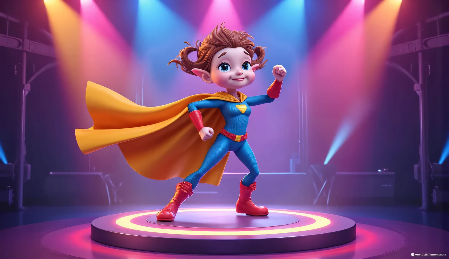 A  wiggling their hips and striking a funny superhero pose on a glowing platform with colorful spotlights