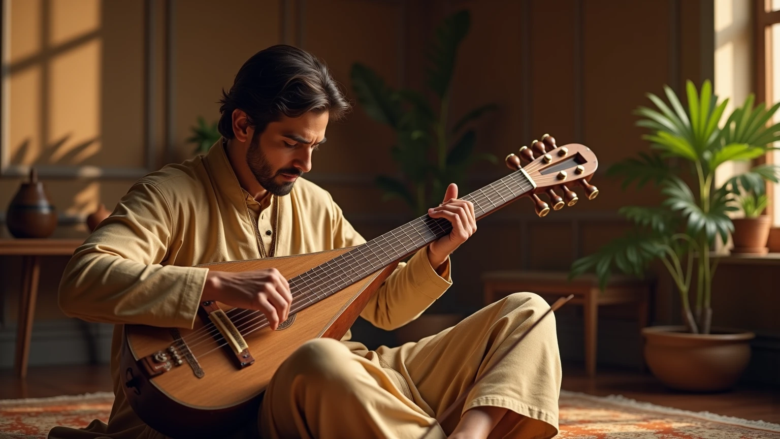 A realistic depiction of a man playing the Old antic mandoline ...