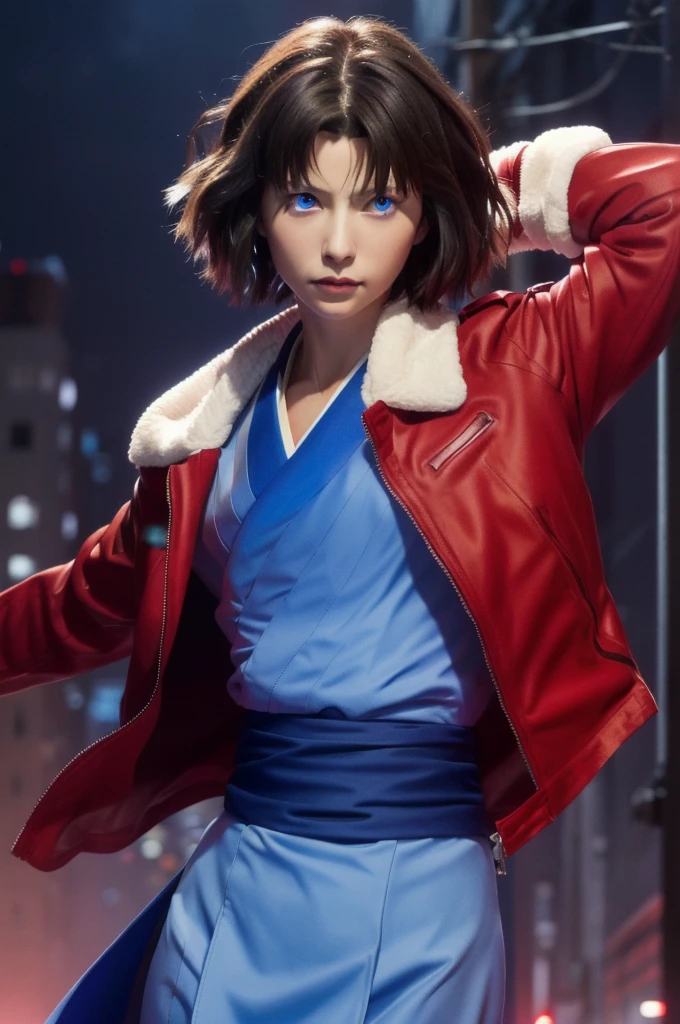 best quality, masterpiece, highres, solo, (dynamic angle), (cool), (hmshiki), Ryougi Shiki, (short hair, ahoge, red jacket, blue eyes, blue kimono, open clothes, fur trim), wield a knife at viewer, red moon, rain_blood rain, portrait, perfect anatomy, perfect proportion, noise removal