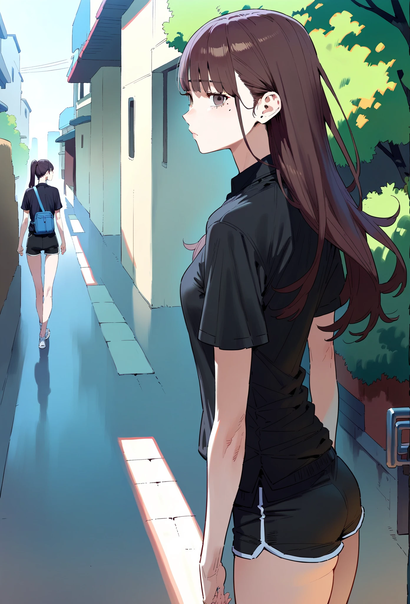 score_9, score_8_up, score_7_up, score_6_up, source_anime, 1girl, (solo:1.1),long hair, brown hair, brown eyes, mole under eye, black shirt, short sleeves, polo shirt, sportswear, black shorts, short shorts, expressionless, Narrow shoulders, street, outdoors, looking at viewer