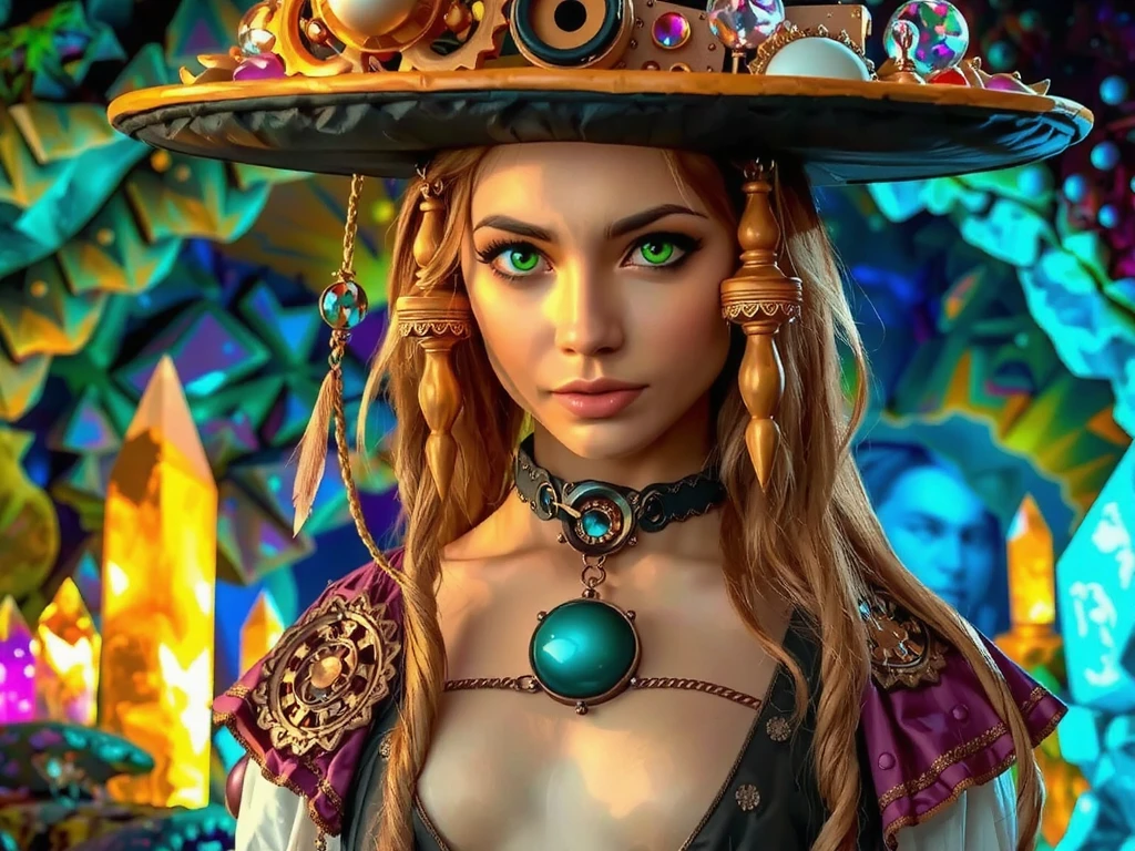  steampunk witch girl, charming face, green eyes fantasy-mystical-steampunk dress, , a spacious colorful crystal cave, glowing, colorful crystals are shining, magical and mystical elements, intricate fantasy-mystical-details,Masterpiece, beautiful, detailed, elaborate"